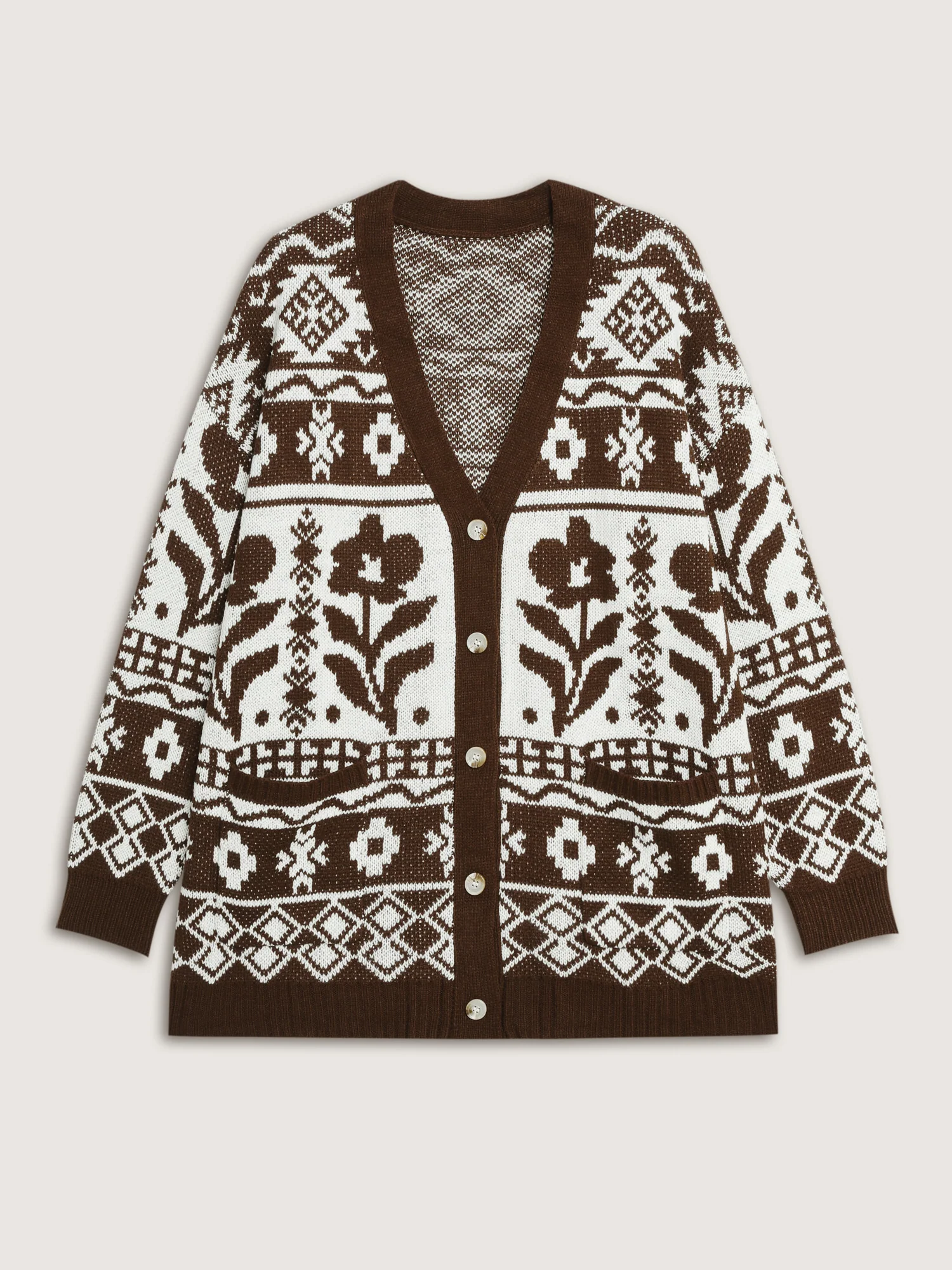 Floral Pattern Pockets Button Knit Cardigan - Image 5