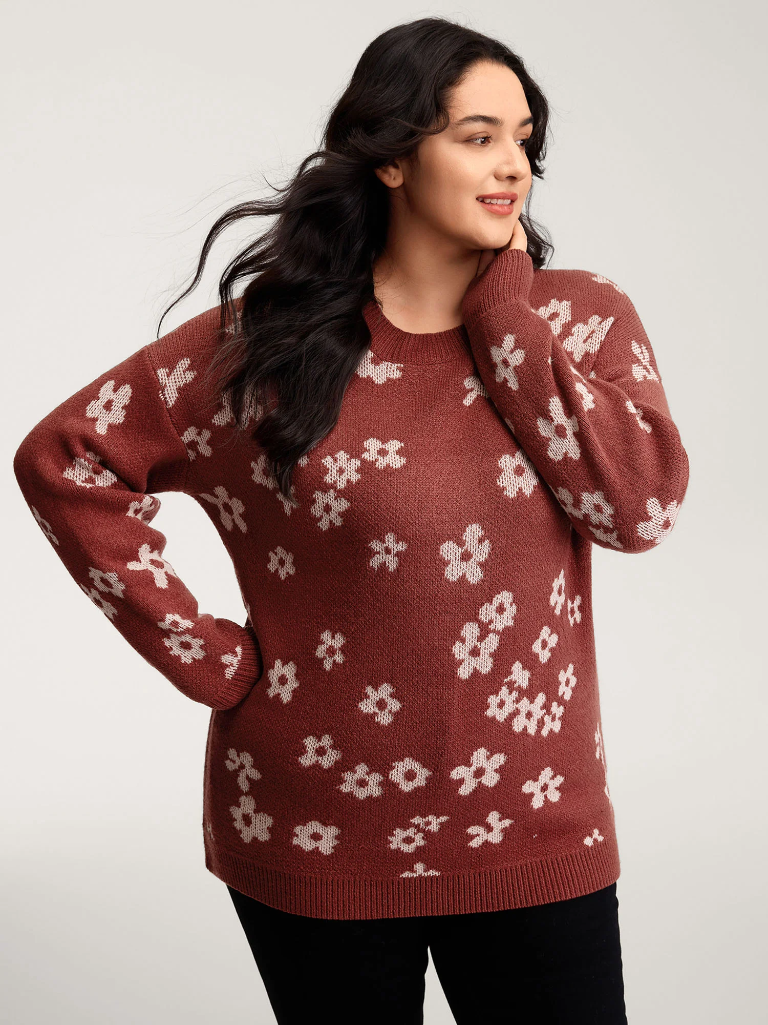 Floral Pattern Round Neck Ribbed Pullover - Image 2