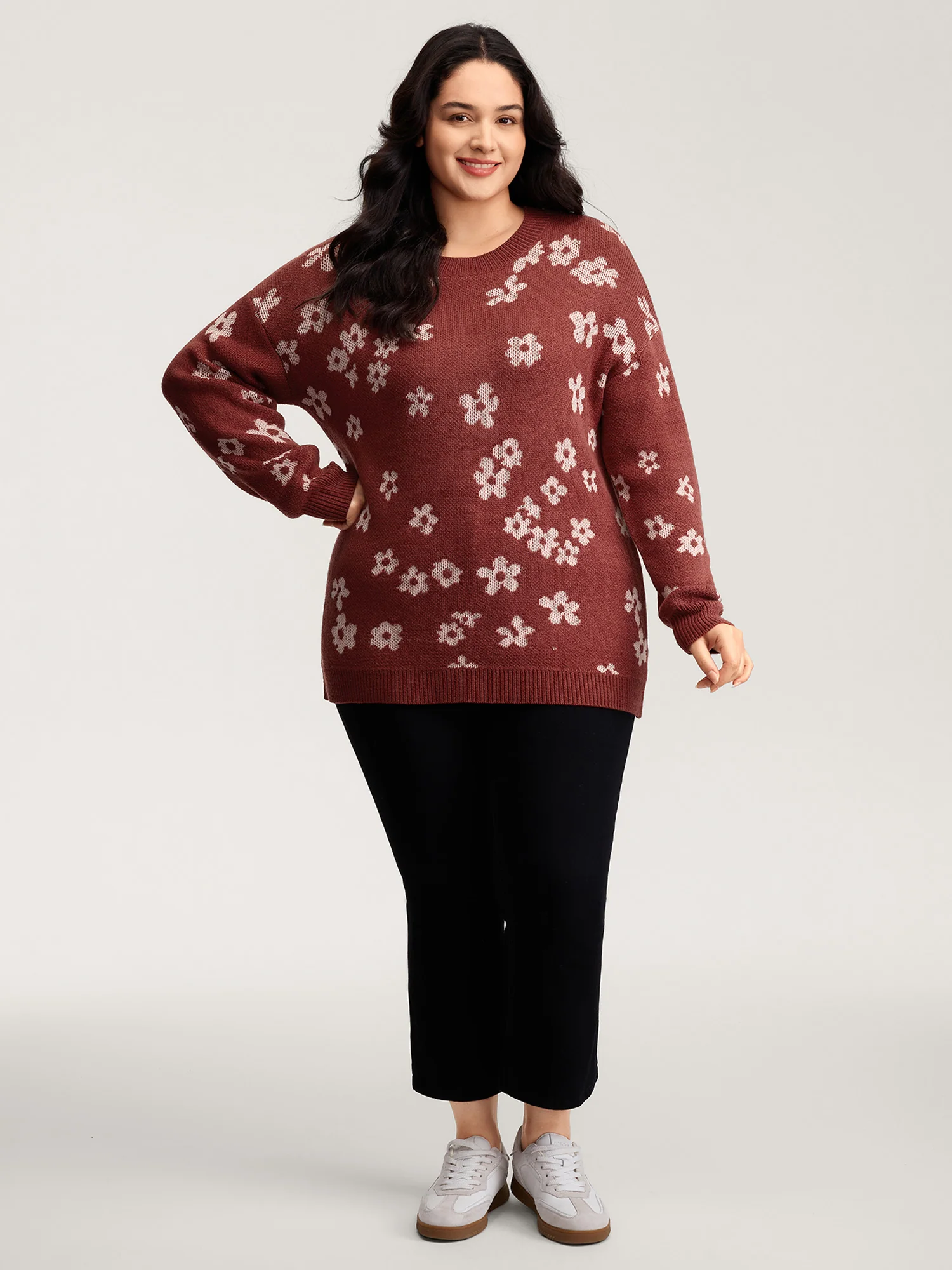 Floral Pattern Round Neck Ribbed Pullover - Image 3