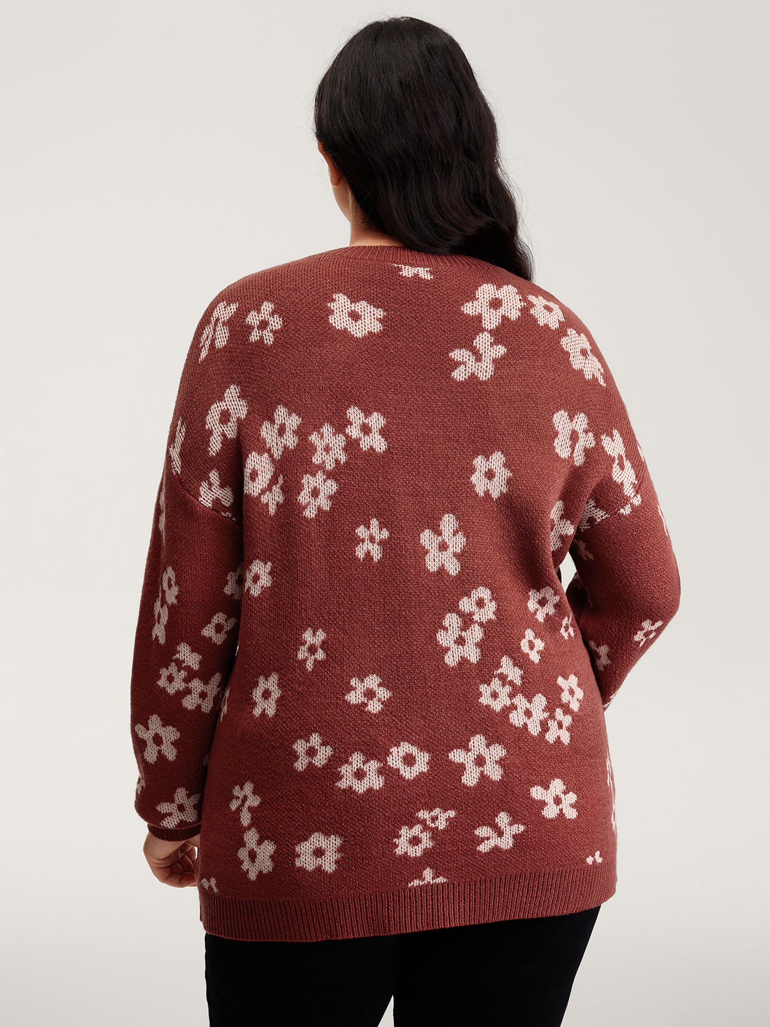 Floral Pattern Round Neck Ribbed Pullover - Image 4
