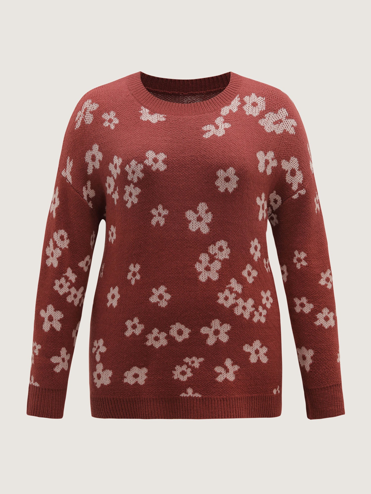 Floral Pattern Round Neck Ribbed Pullover - Image 7