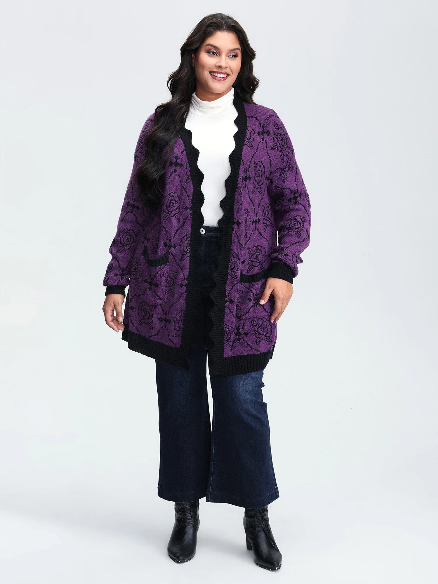Floral Pattern Scalloped Collar Knit Cardigan - Image 2