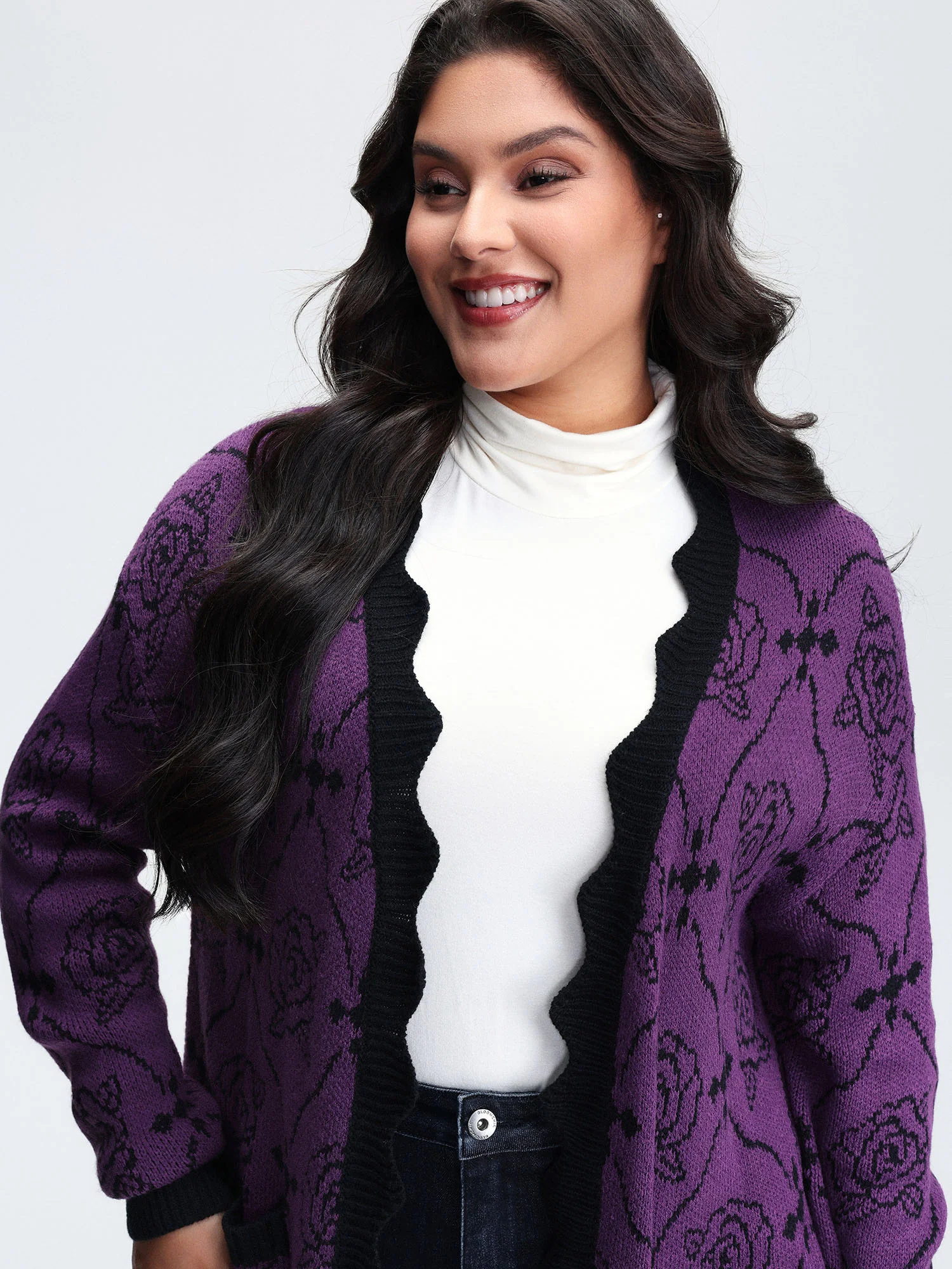 Floral Pattern Scalloped Collar Knit Cardigan - Image 3