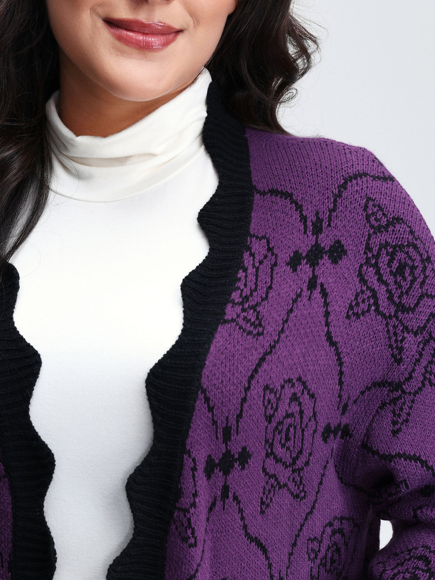 Floral Pattern Scalloped Collar Knit Cardigan - Image 4