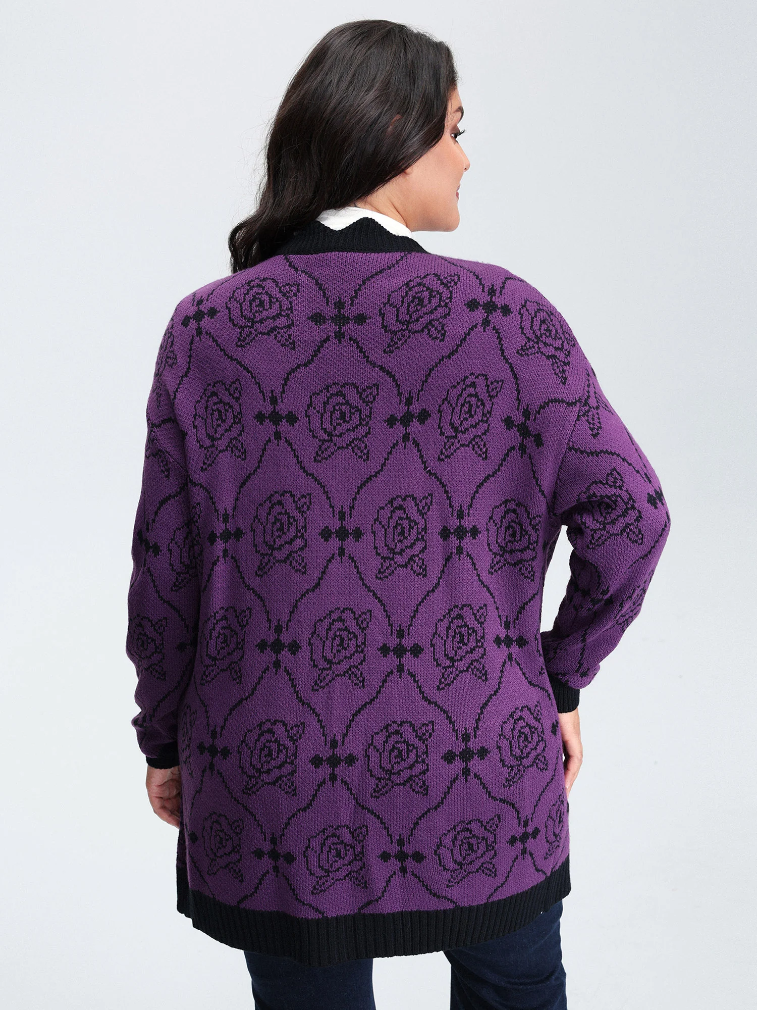 Floral Pattern Scalloped Collar Knit Cardigan - Image 5