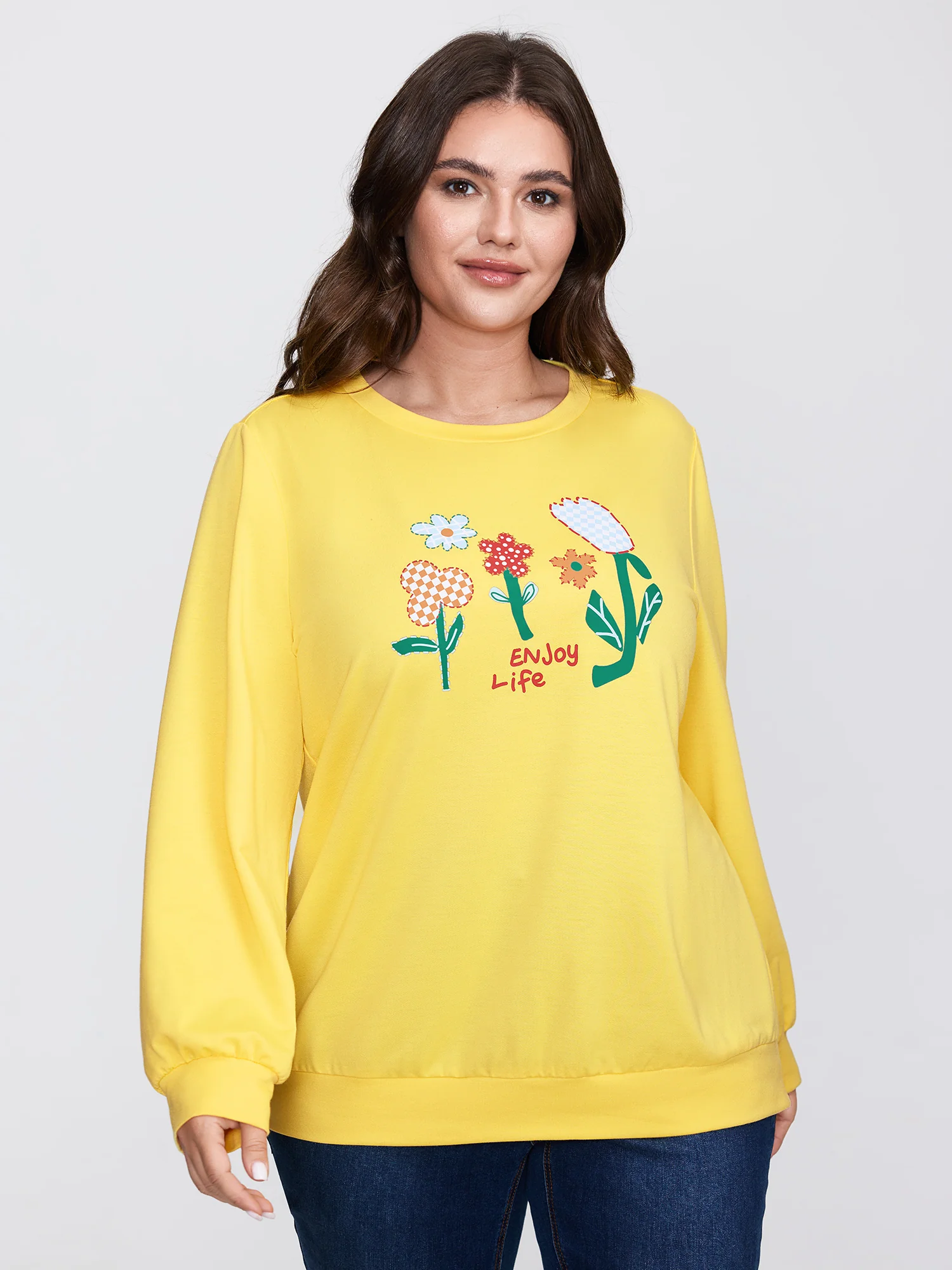Floral Pattern Stretchy Hem Sweatshirt - Image 2