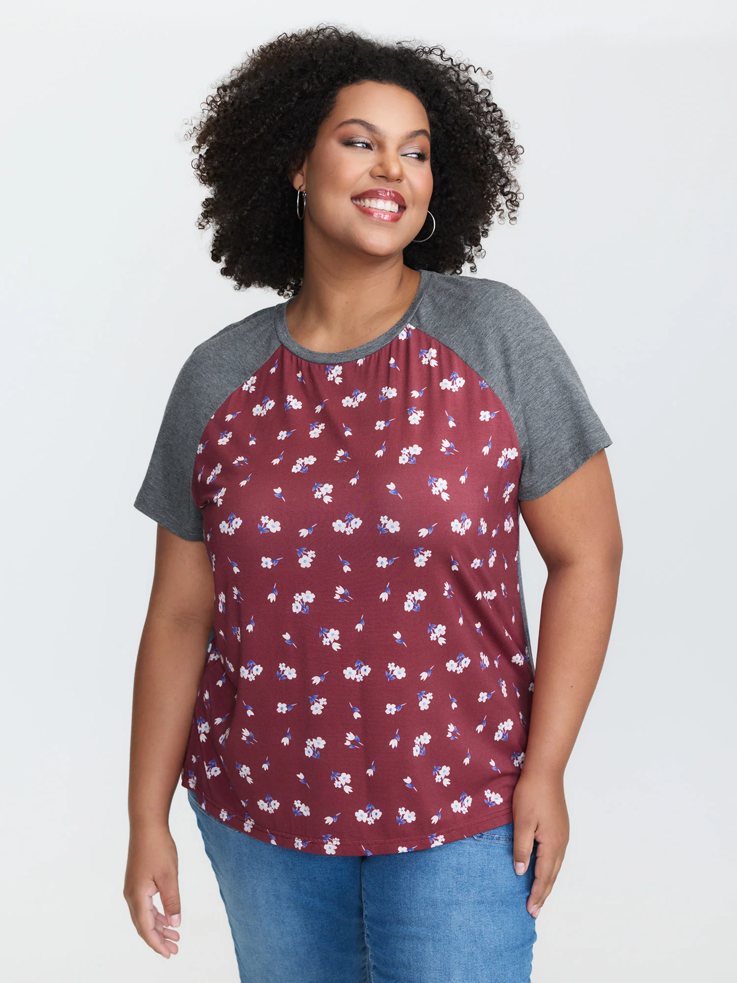 Floral Pattern Stretchy Split Hem T-Shirt - Image 2