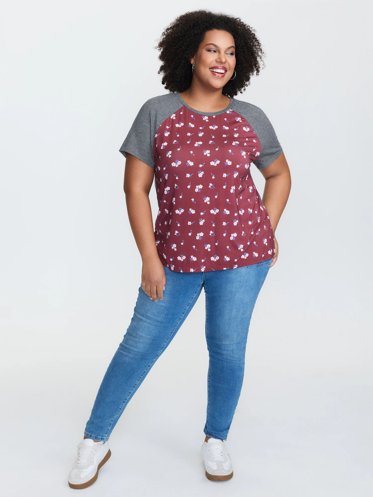 Floral Pattern Stretchy Split Hem T-Shirt - Image 3
