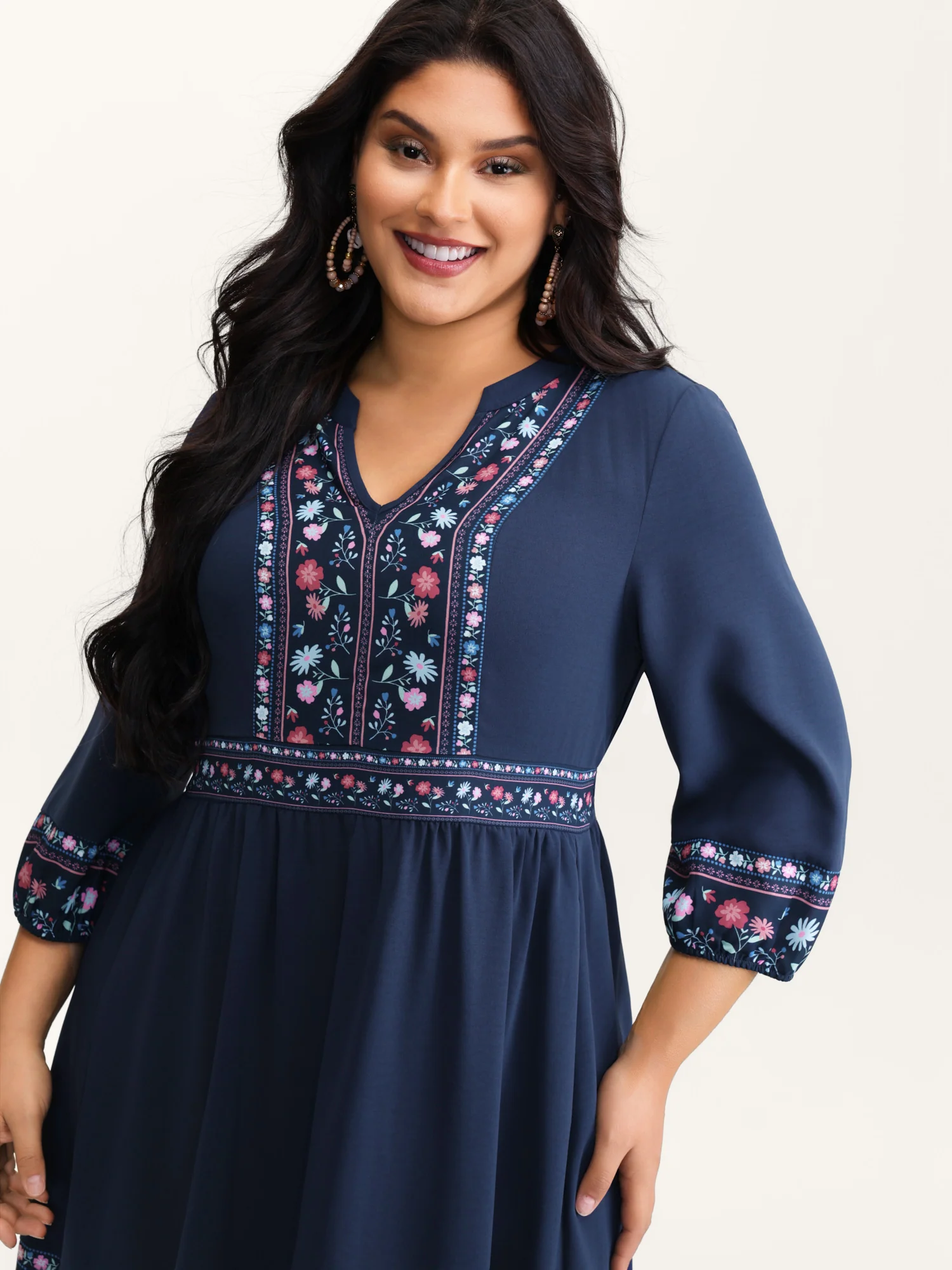 Floral Pattern Stretchy Waist Notched Maxi Dress - Image 2