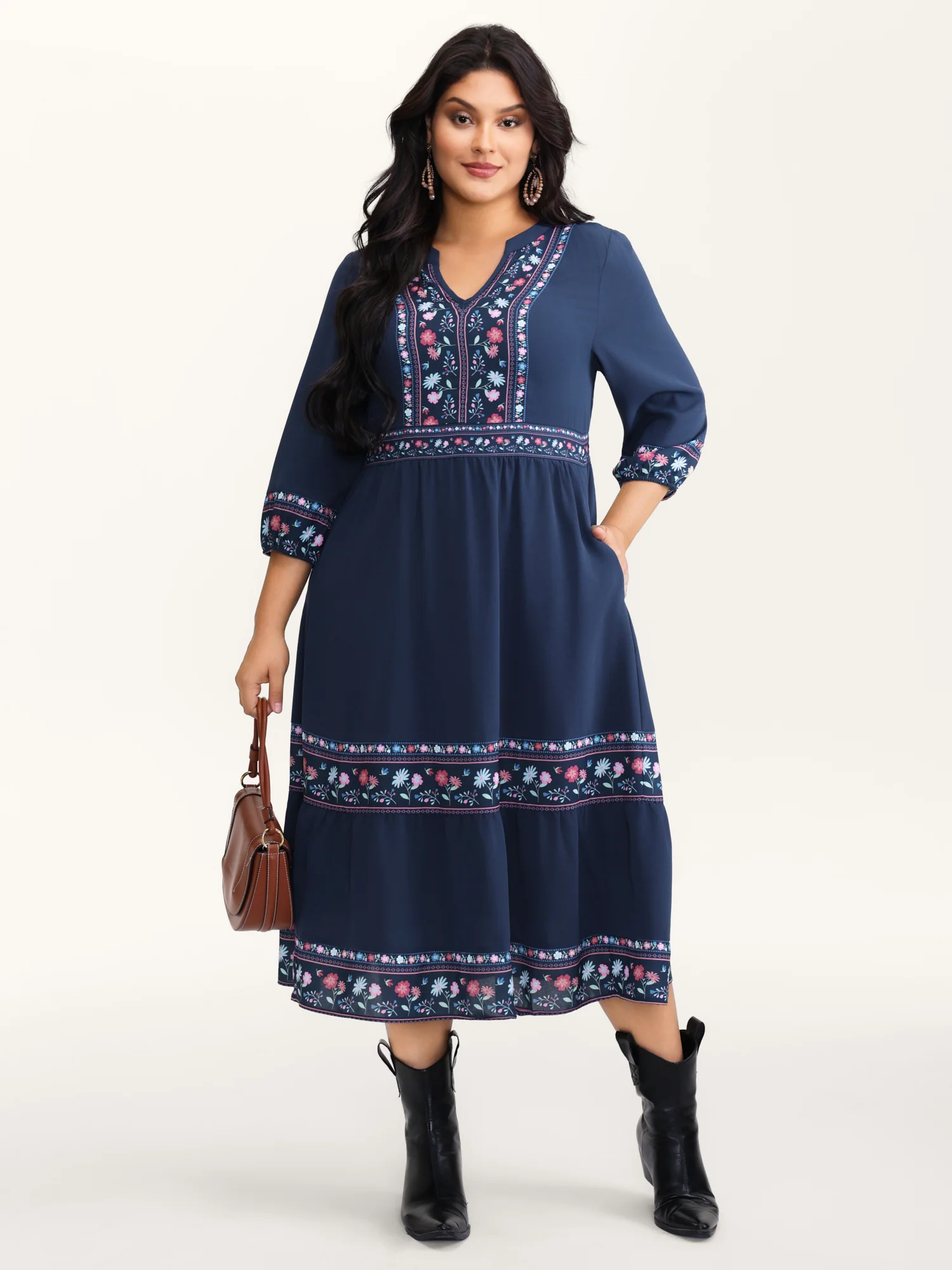 Floral Pattern Stretchy Waist Notched Maxi Dress - Image 3