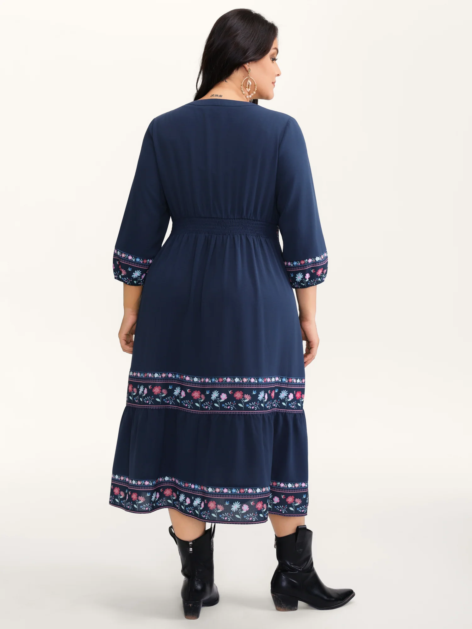 Floral Pattern Stretchy Waist Notched Maxi Dress - Image 5