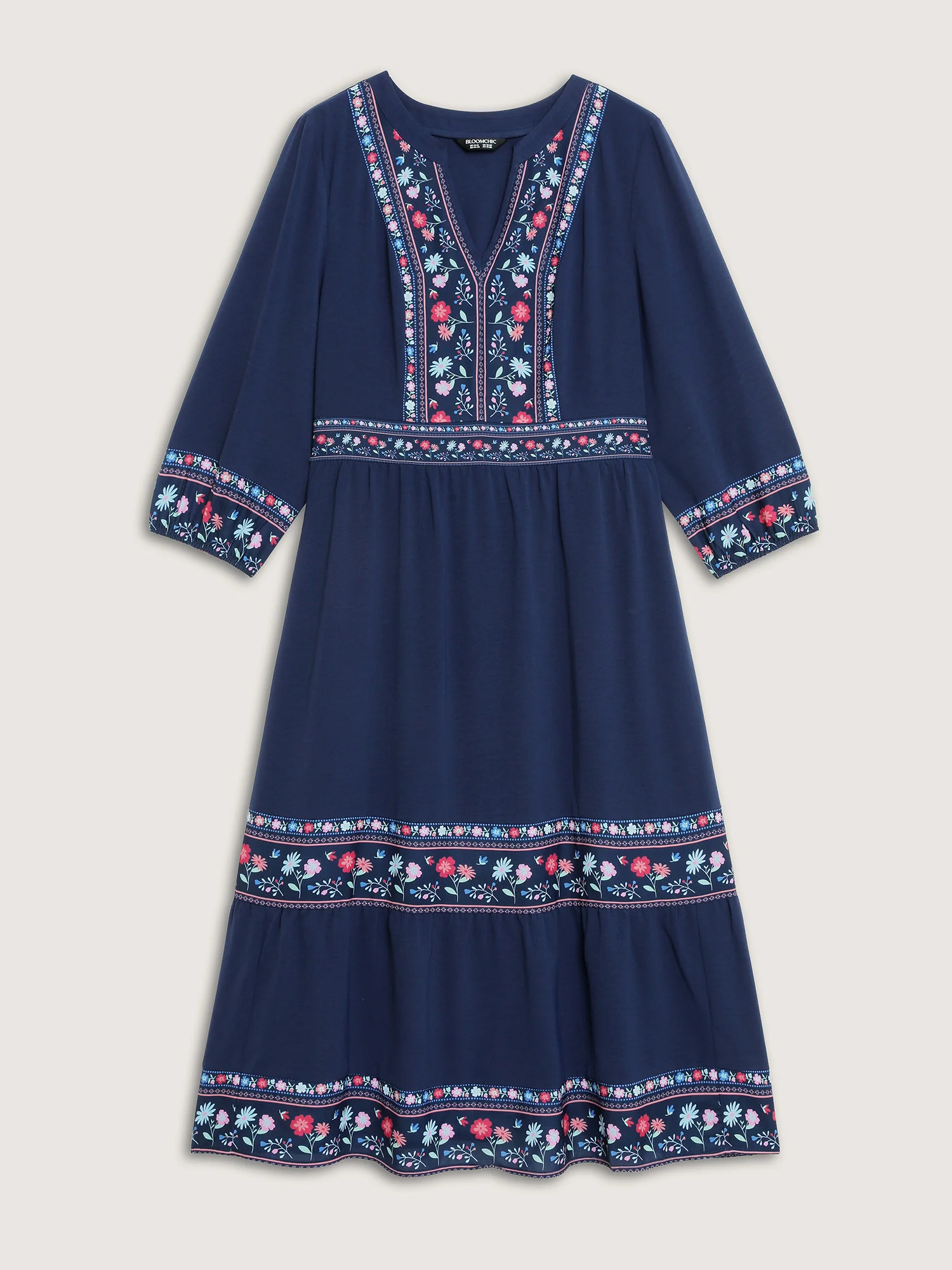 Floral Pattern Stretchy Waist Notched Maxi Dress - Image 8