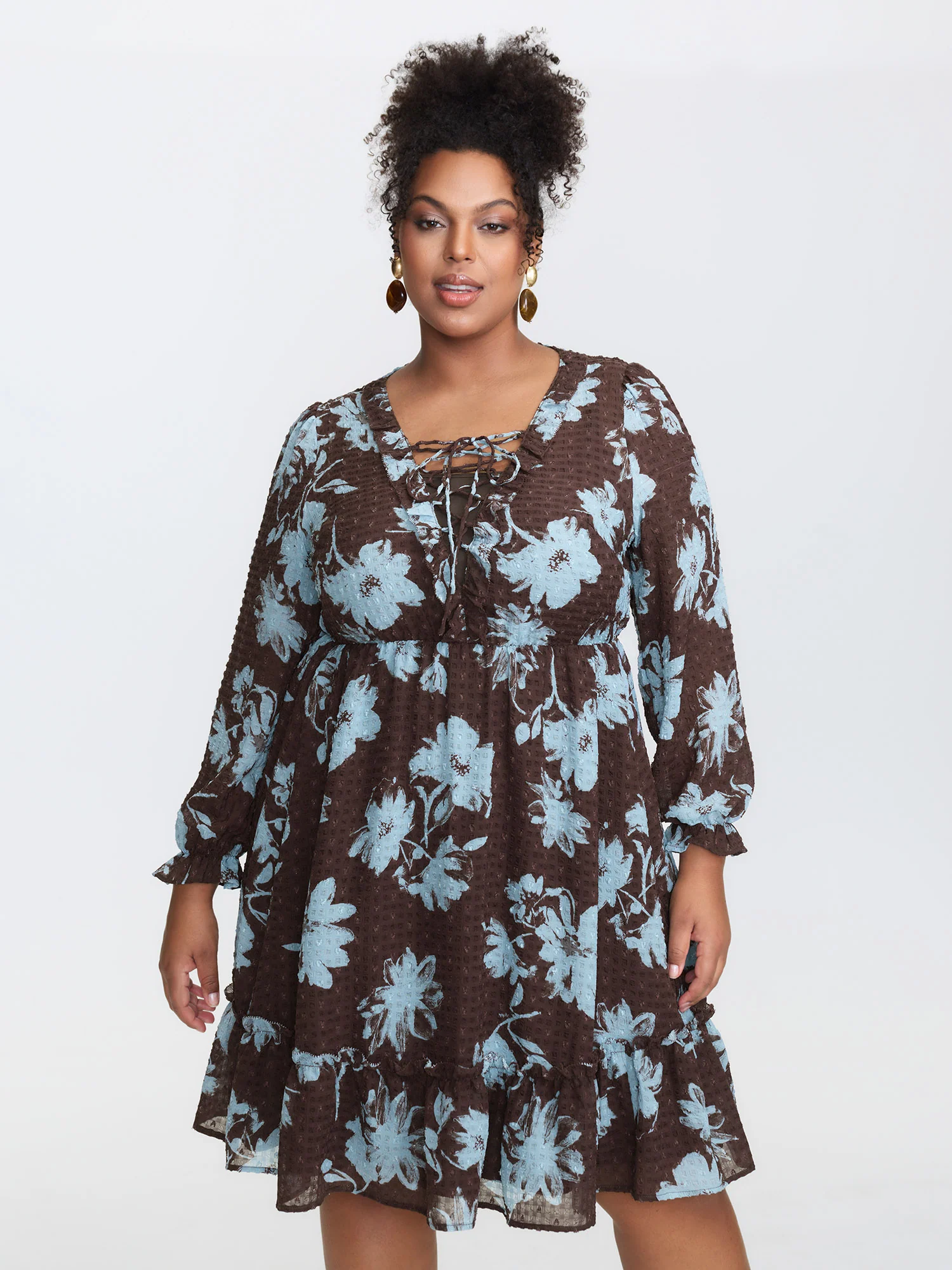 Floral Pattern Textured Drawstring Neck Midi Dress - Image 2