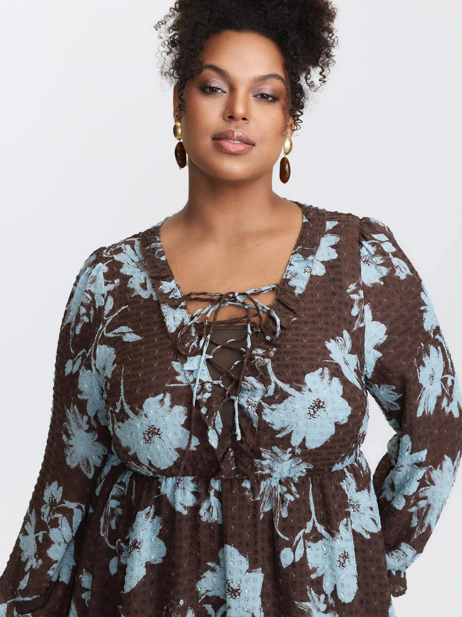 Floral Pattern Textured Drawstring Neck Midi Dress - Image 3