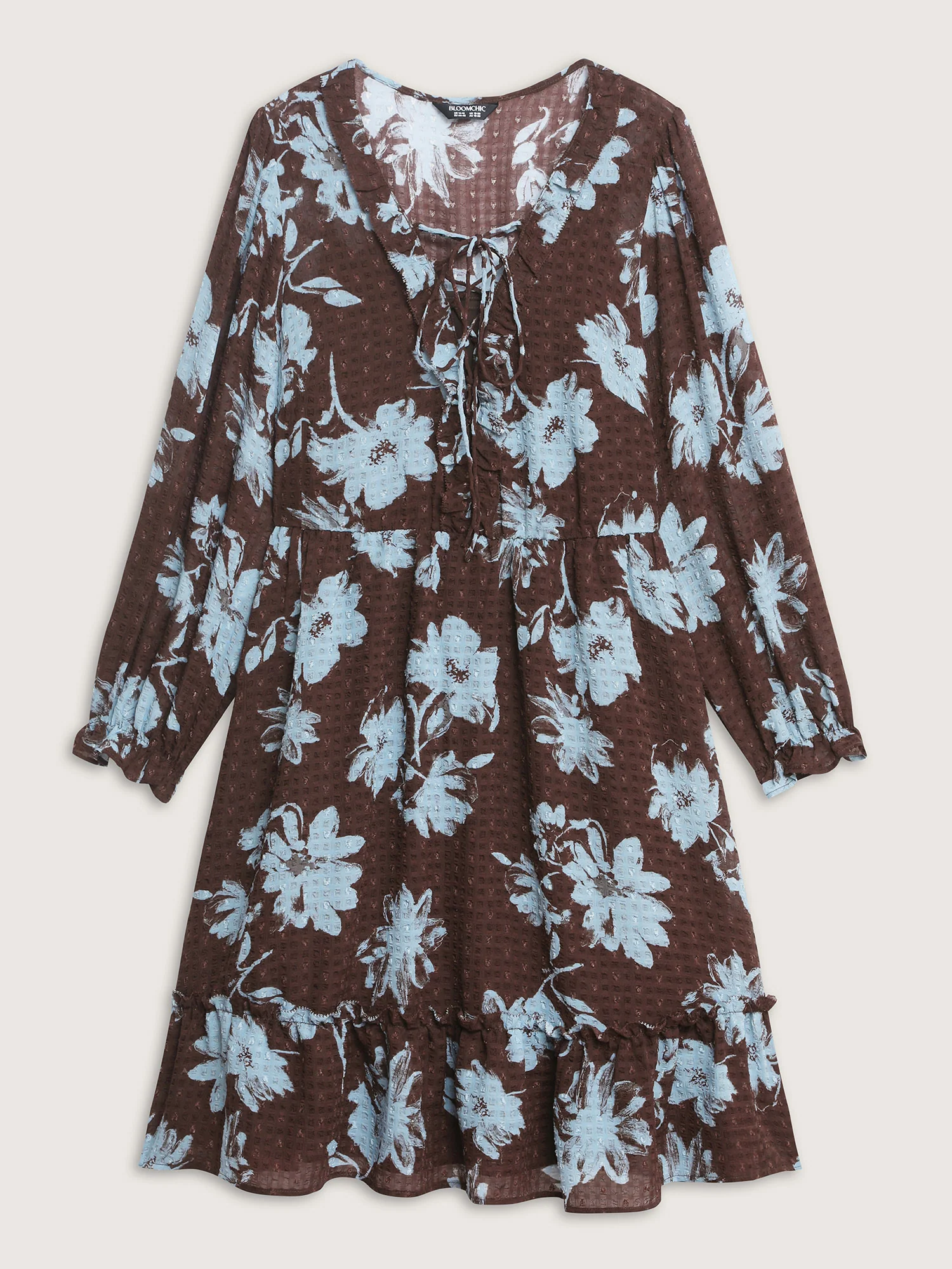 Floral Pattern Textured Drawstring Neck Midi Dress - Image 8