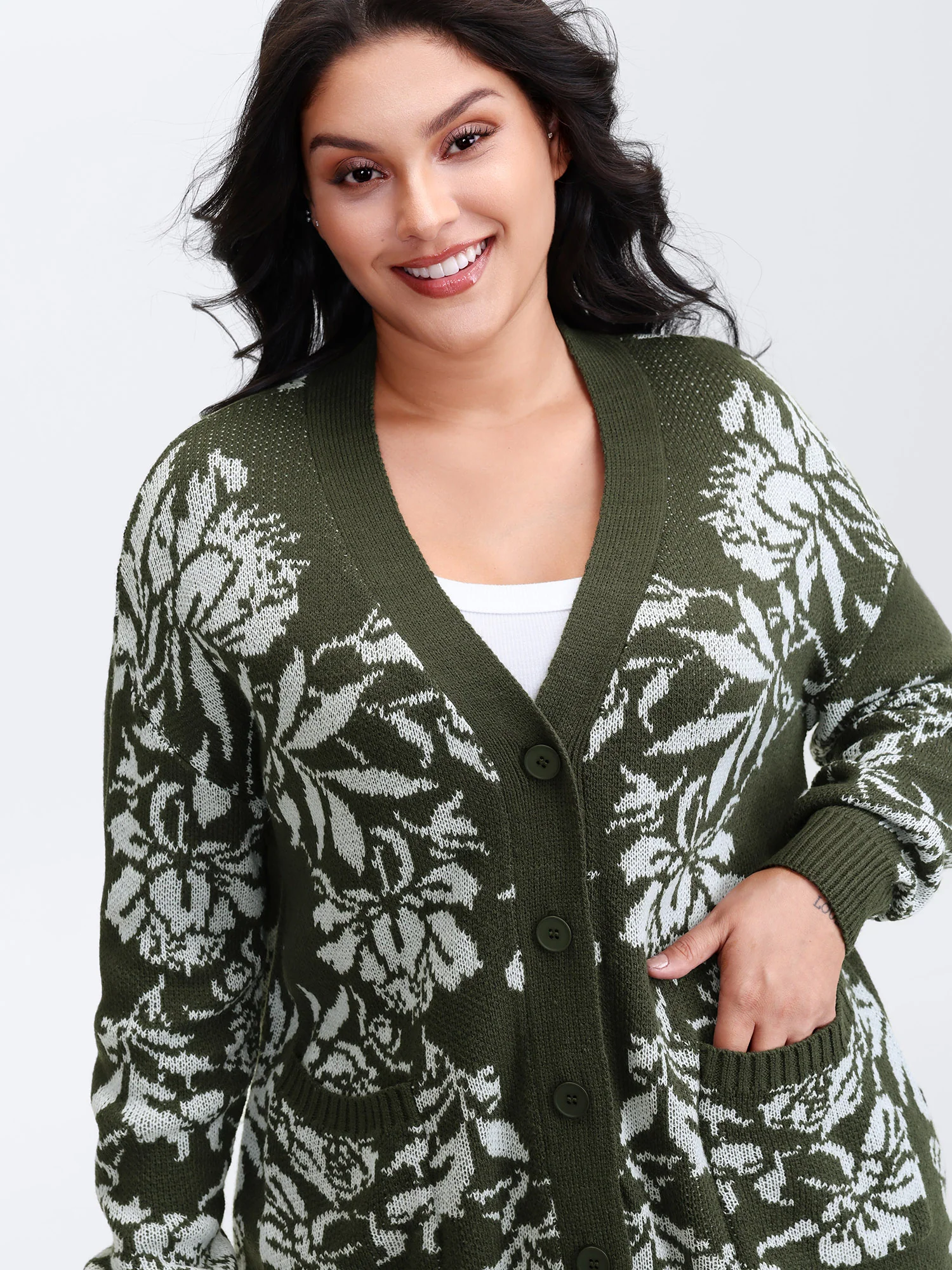 Floral Pattern V-Neck Knit Cardigan - Image 2