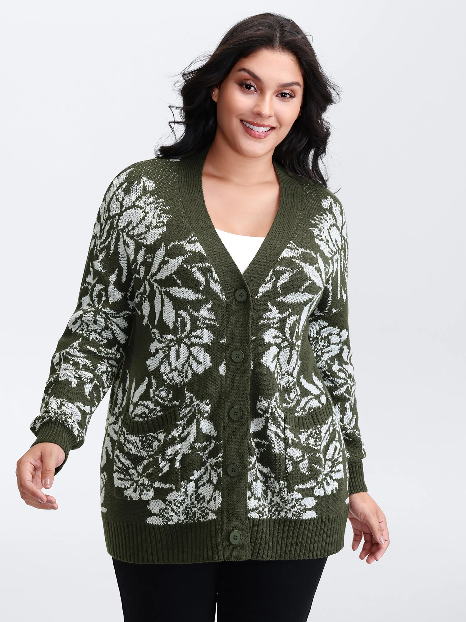 Floral Pattern V-Neck Knit Cardigan - Image 3