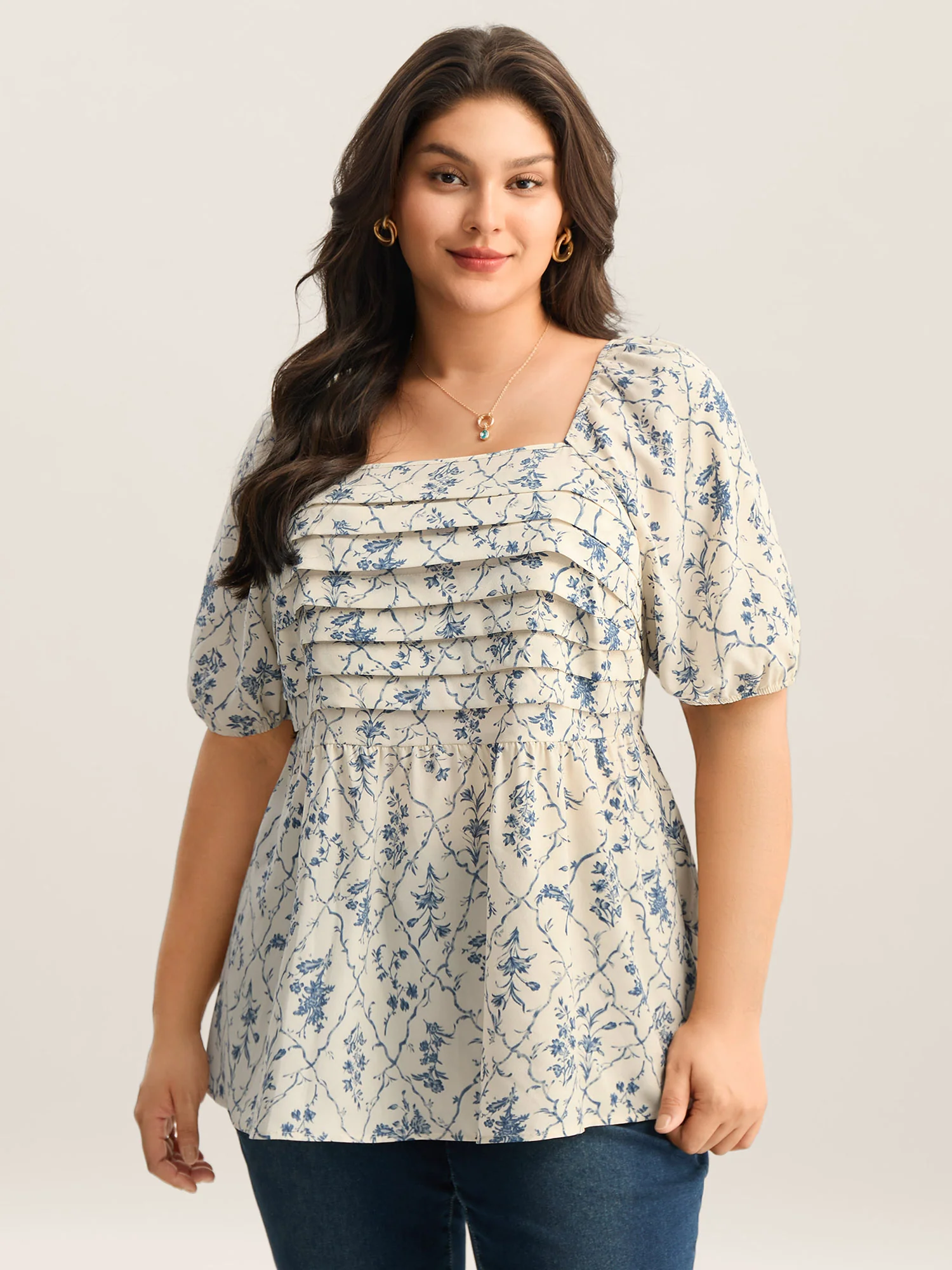 Floral Pleated Bodice Puffy Sleeve Blouse - Image 2