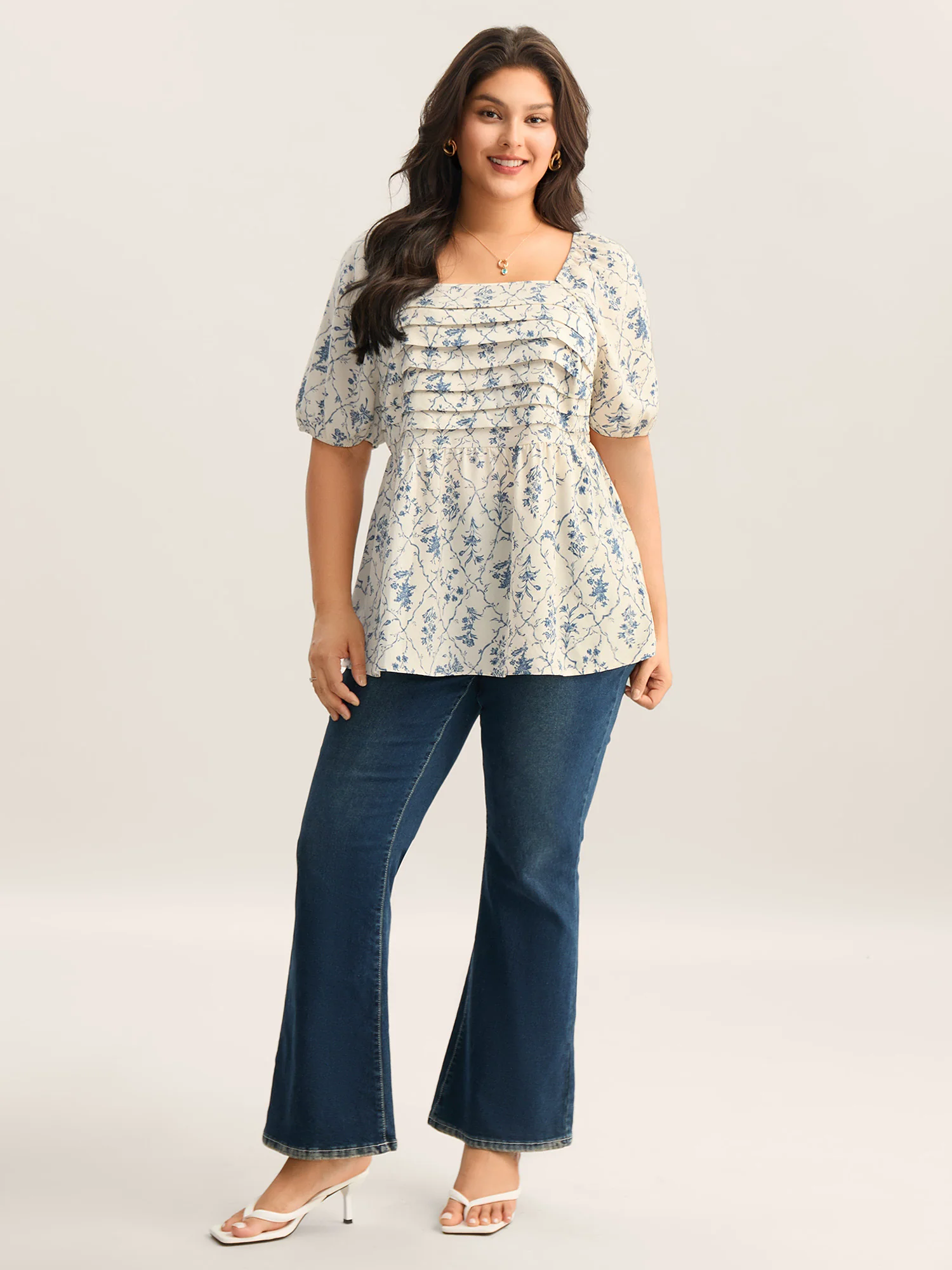 Floral Pleated Bodice Puffy Sleeve Blouse - Image 3