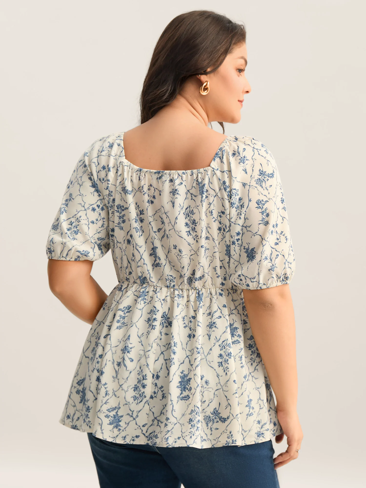 Floral Pleated Bodice Puffy Sleeve Blouse - Image 4