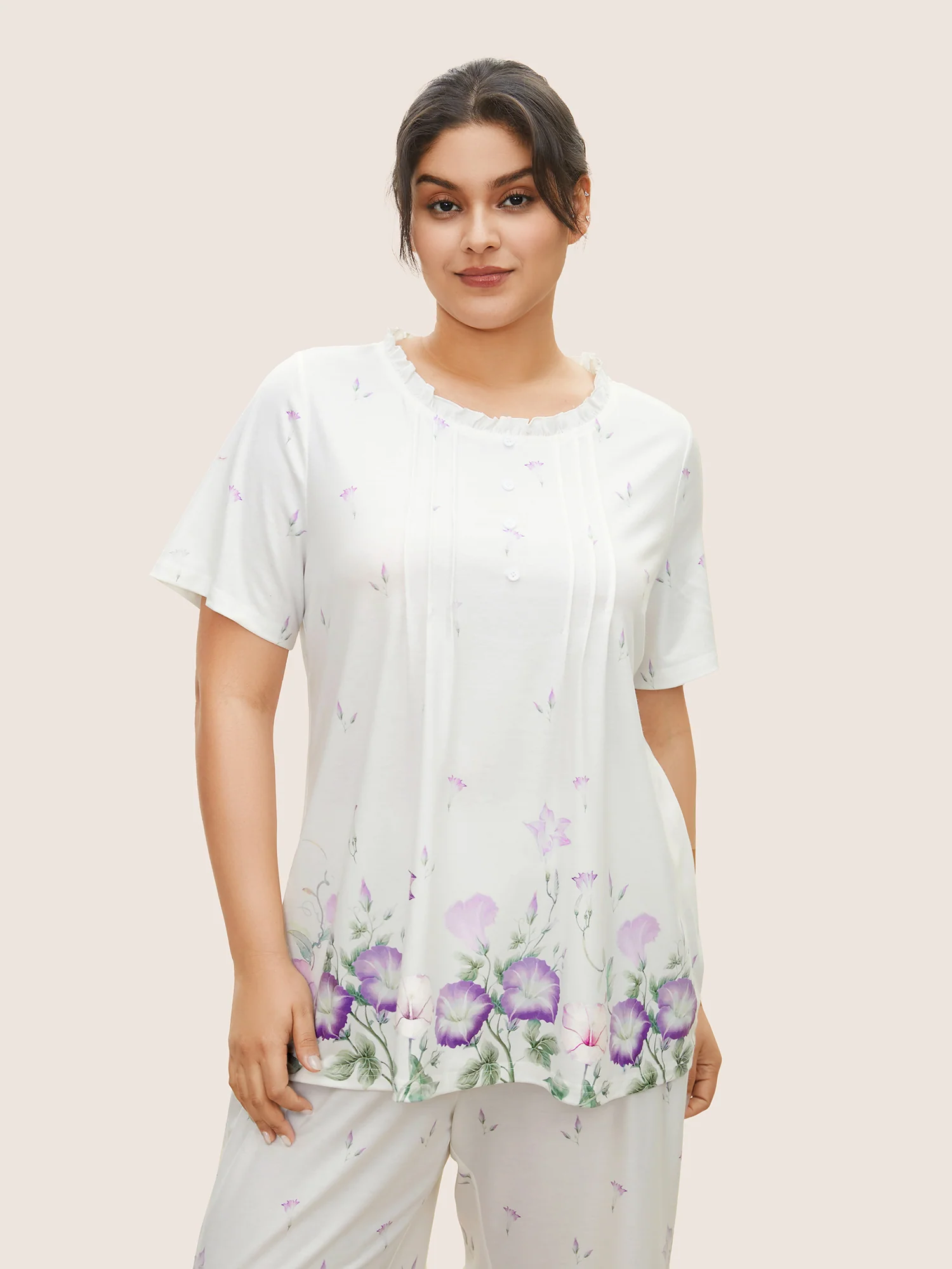 Floral Pleated Button Detail Loungewear Set - Image 2
