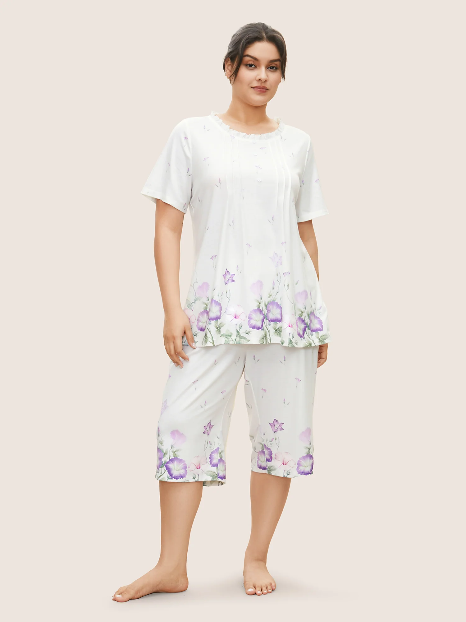 Floral Pleated Button Detail Loungewear Set - Image 4