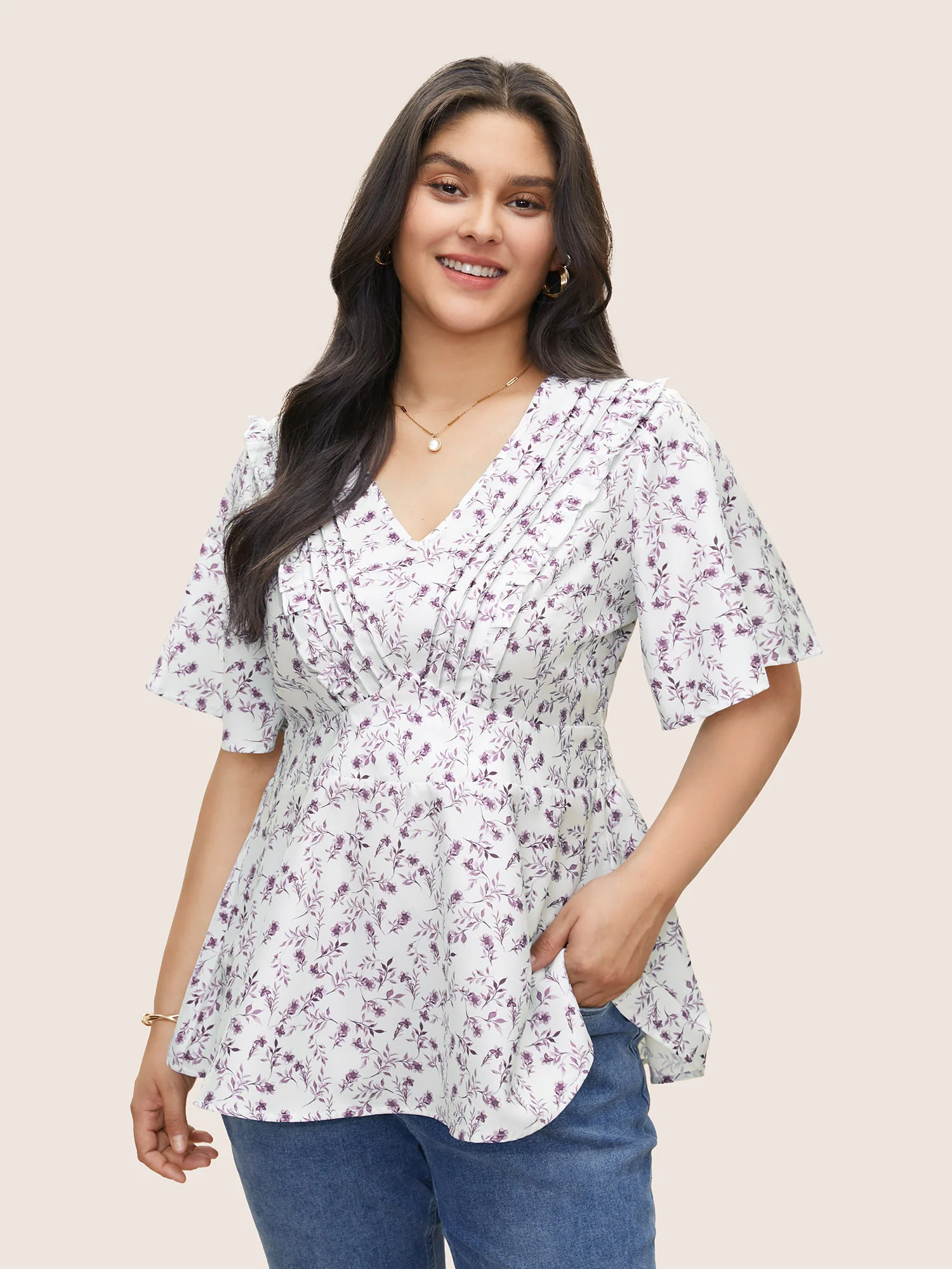 Floral Pleated Elastic Waist Ruffle Sleeve Blouse - Image 12