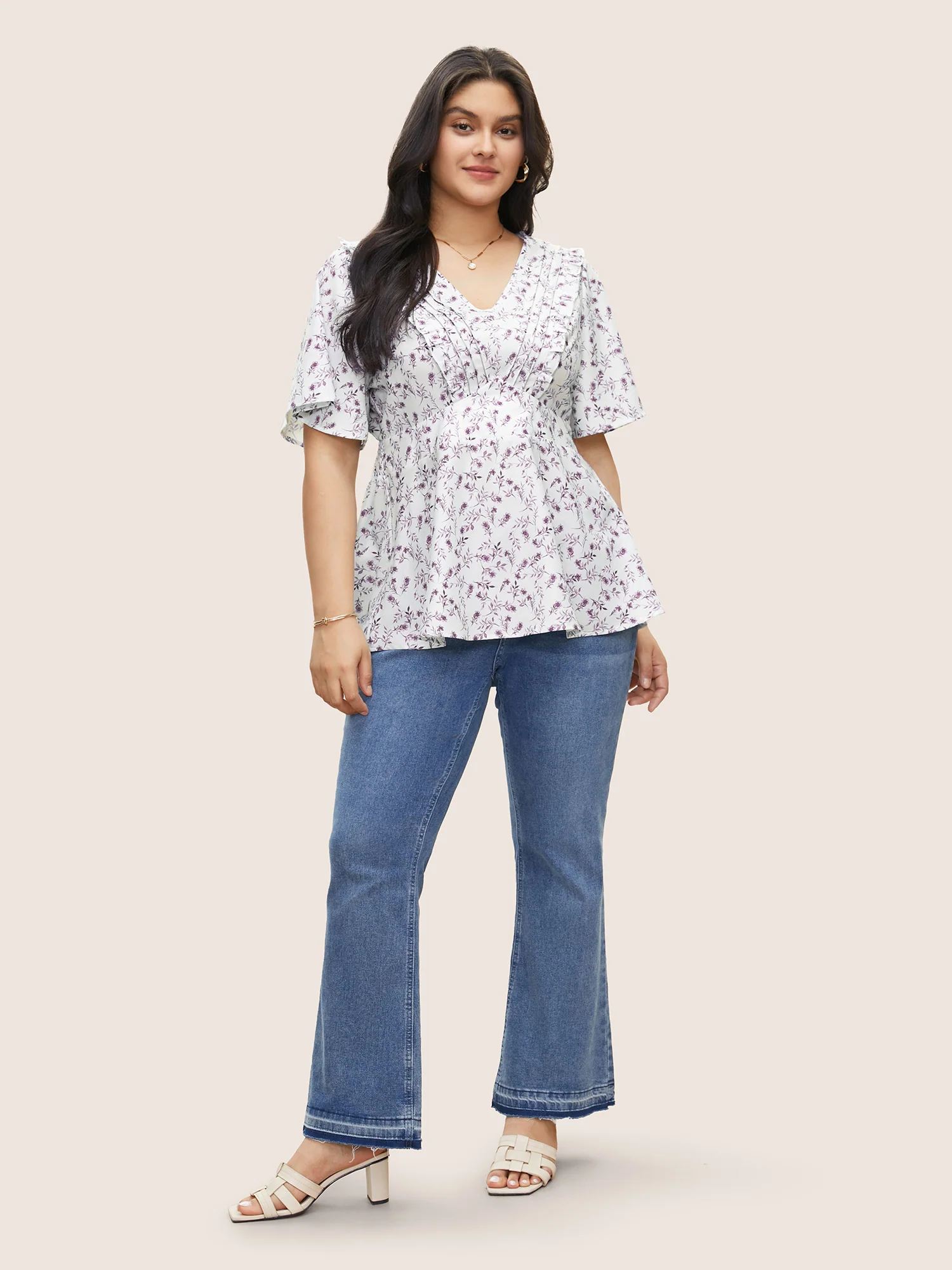 Floral Pleated Elastic Waist Ruffle Sleeve Blouse - Image 13