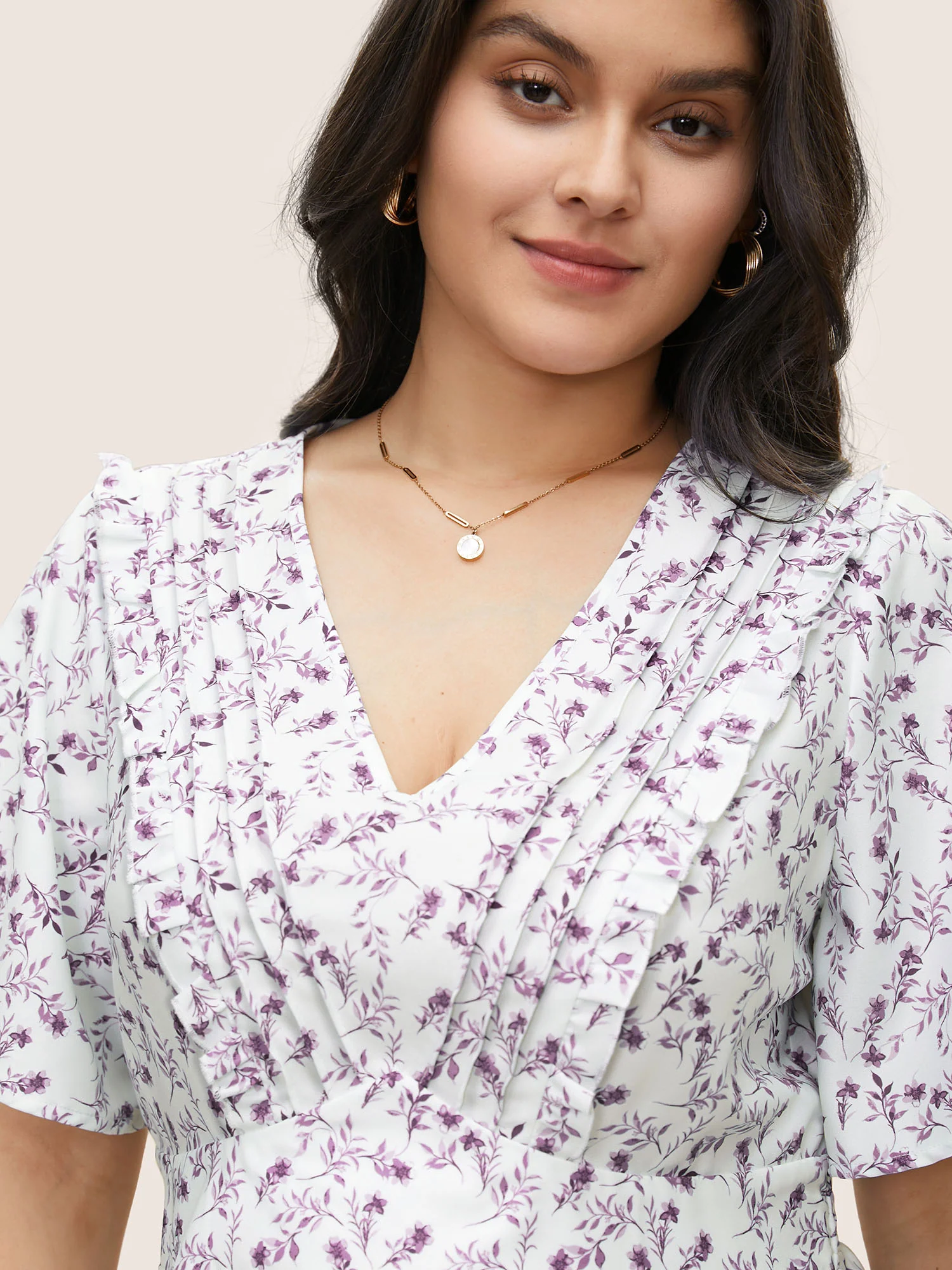 Floral Pleated Elastic Waist Ruffle Sleeve Blouse - Image 14