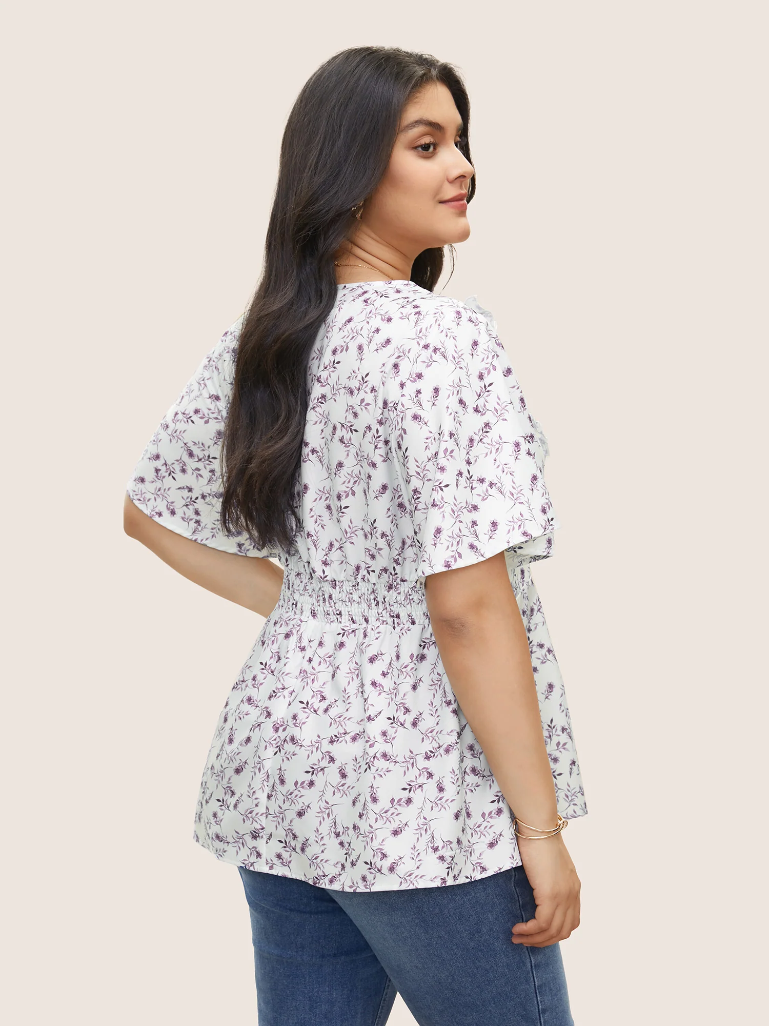 Floral Pleated Elastic Waist Ruffle Sleeve Blouse - Image 15