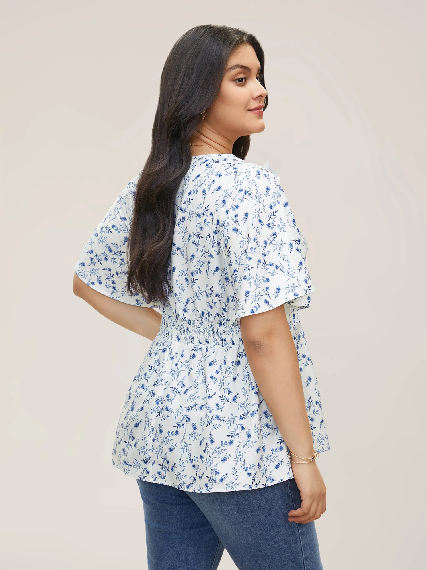 Floral Pleated Elastic Waist Ruffle Sleeve Blouse - Image 4
