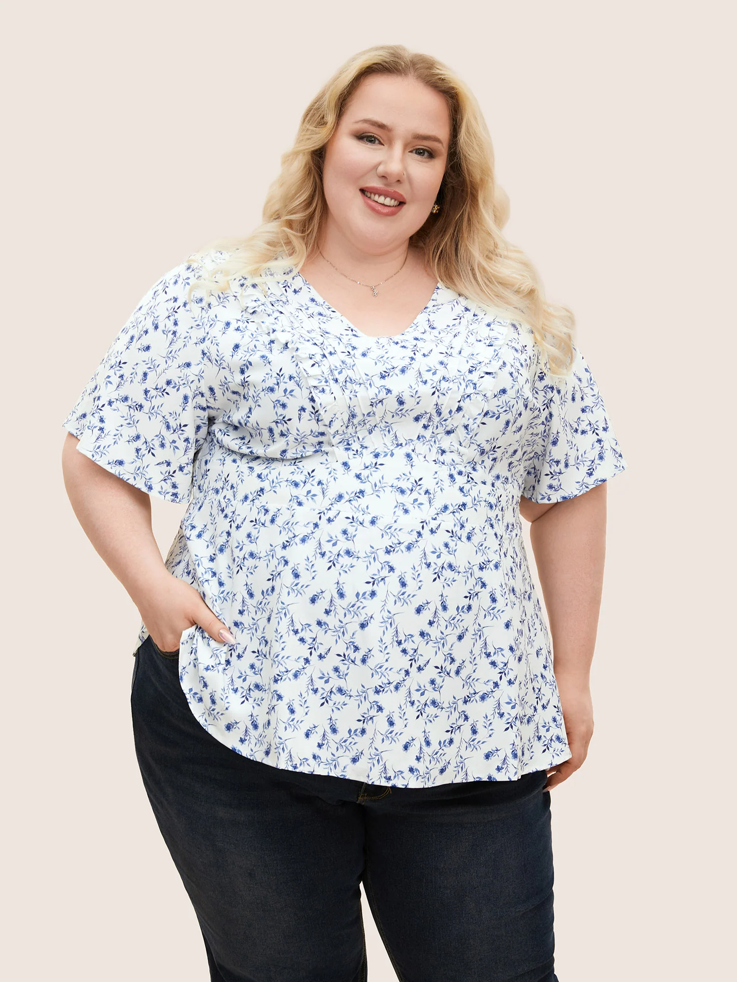 Floral Pleated Elastic Waist Ruffle Sleeve Blouse - Image 5