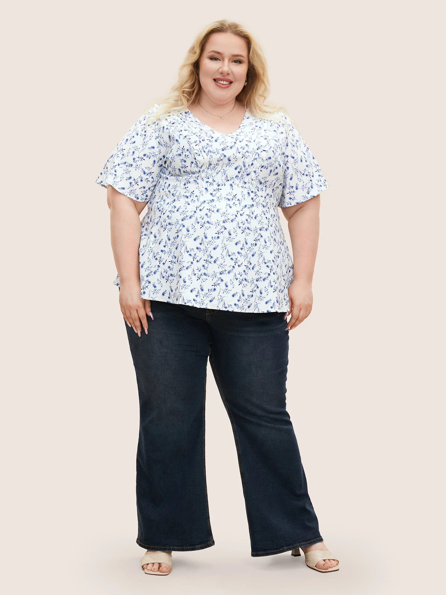 Floral Pleated Elastic Waist Ruffle Sleeve Blouse - Image 6