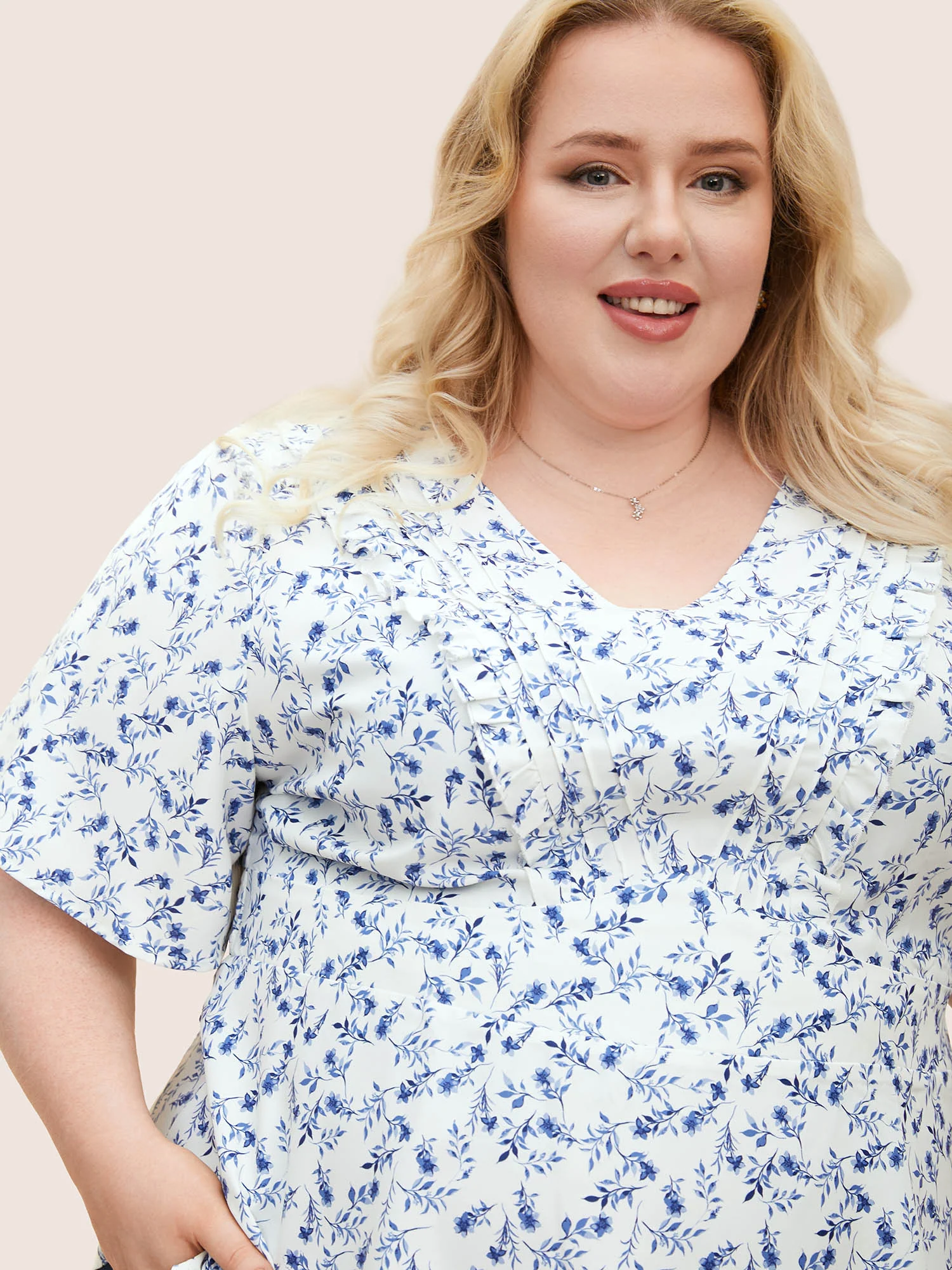 Floral Pleated Elastic Waist Ruffle Sleeve Blouse - Image 7