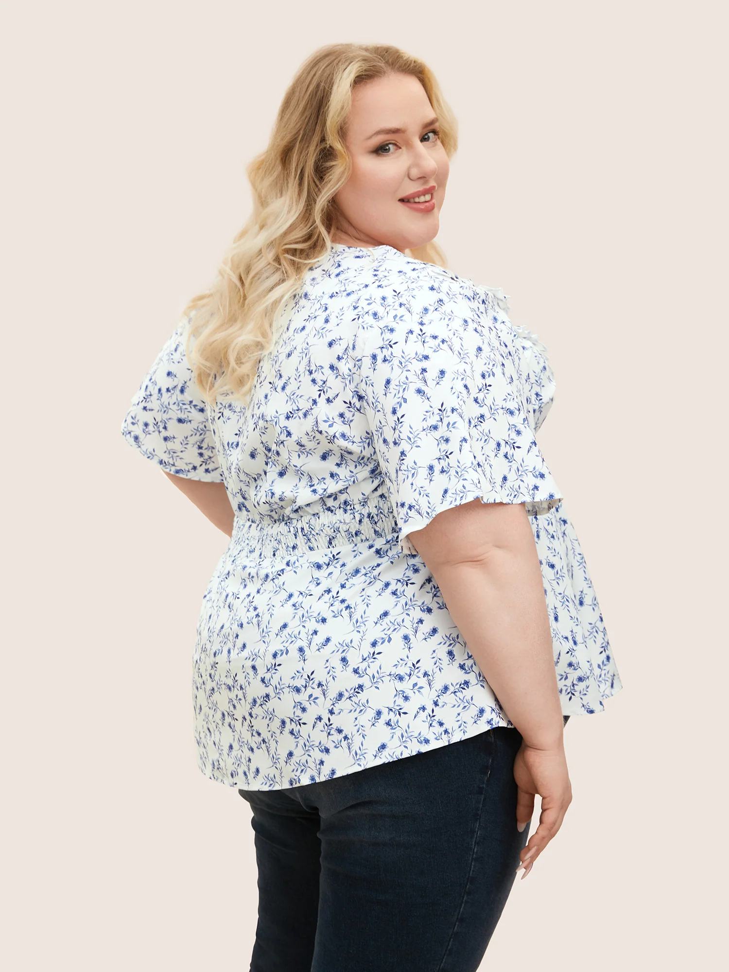 Floral Pleated Elastic Waist Ruffle Sleeve Blouse - Image 8