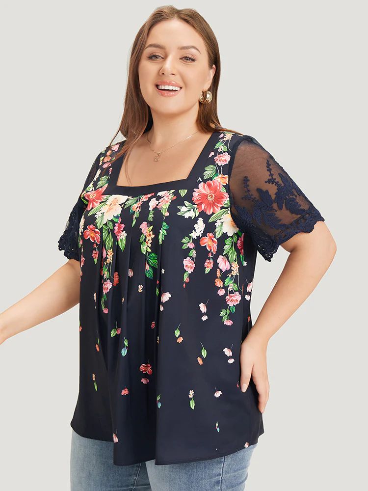 Floral Pleated Mesh Lace Sleeve Square Neck Blouse - Image 2