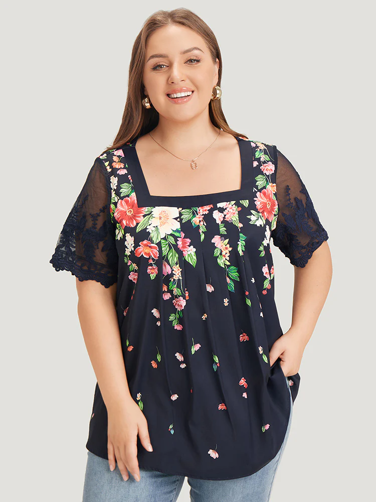 Floral Pleated Mesh Lace Sleeve Square Neck Blouse - Image 3