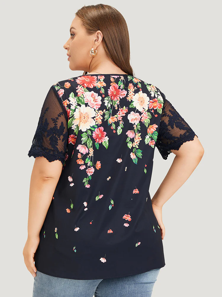 Floral Pleated Mesh Lace Sleeve Square Neck Blouse - Image 4