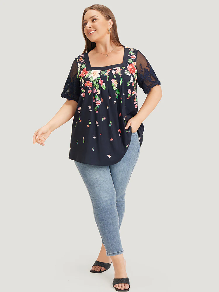 Floral Pleated Mesh Lace Sleeve Square Neck Blouse - Image 5
