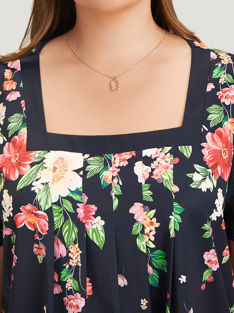 Floral Pleated Mesh Lace Sleeve Square Neck Blouse - Image 7