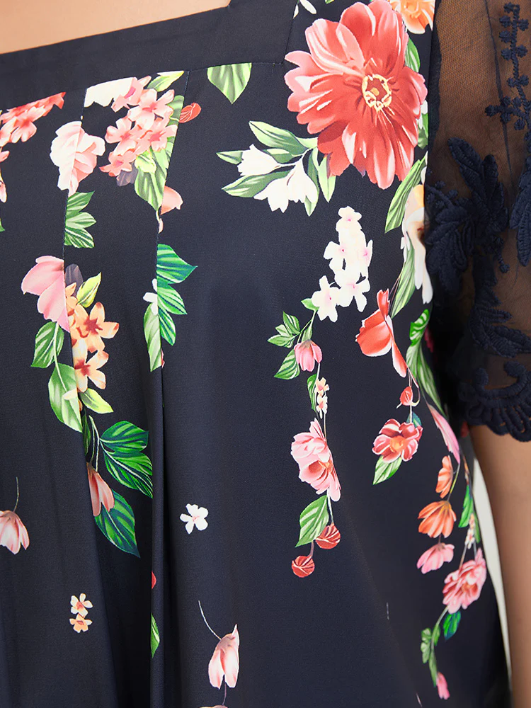 Floral Pleated Mesh Lace Sleeve Square Neck Blouse - Image 8