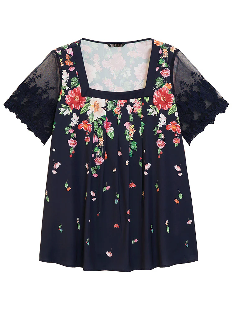 Floral Pleated Mesh Lace Sleeve Square Neck Blouse - Image 9