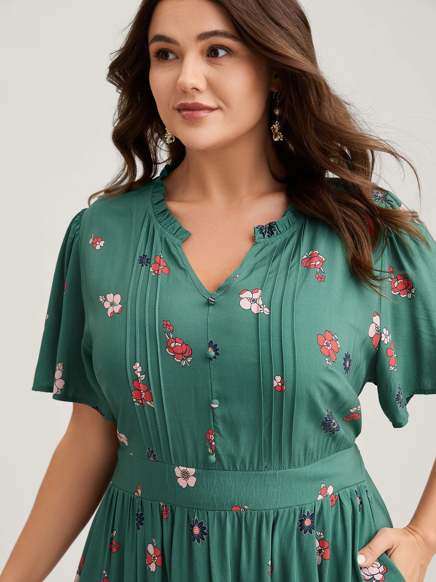 Floral Pleated Notched Collar Midi Dress - Image 2