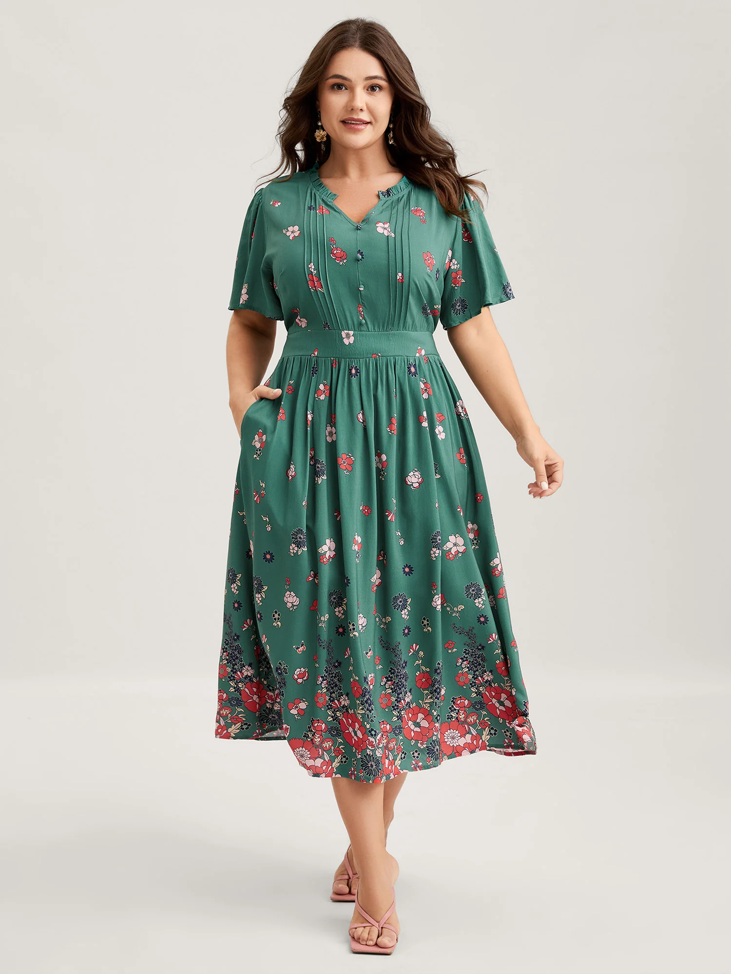 Floral Pleated Notched Collar Midi Dress - Image 3