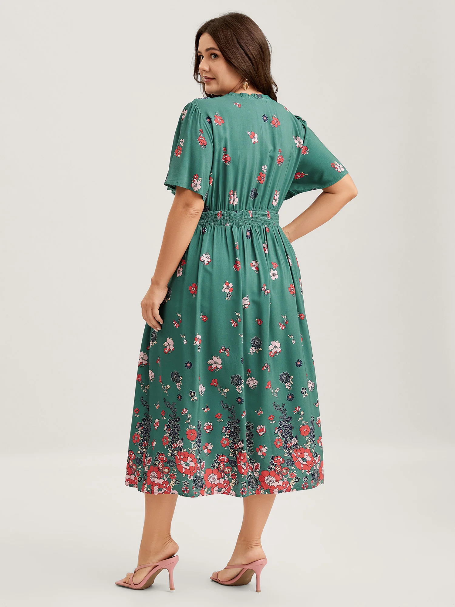 Floral Pleated Notched Collar Midi Dress - Image 4