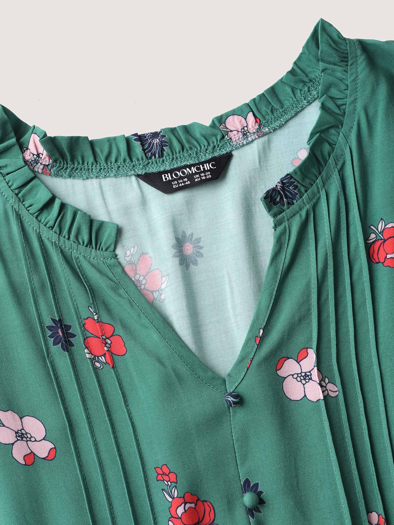 Floral Pleated Notched Collar Midi Dress - Image 5