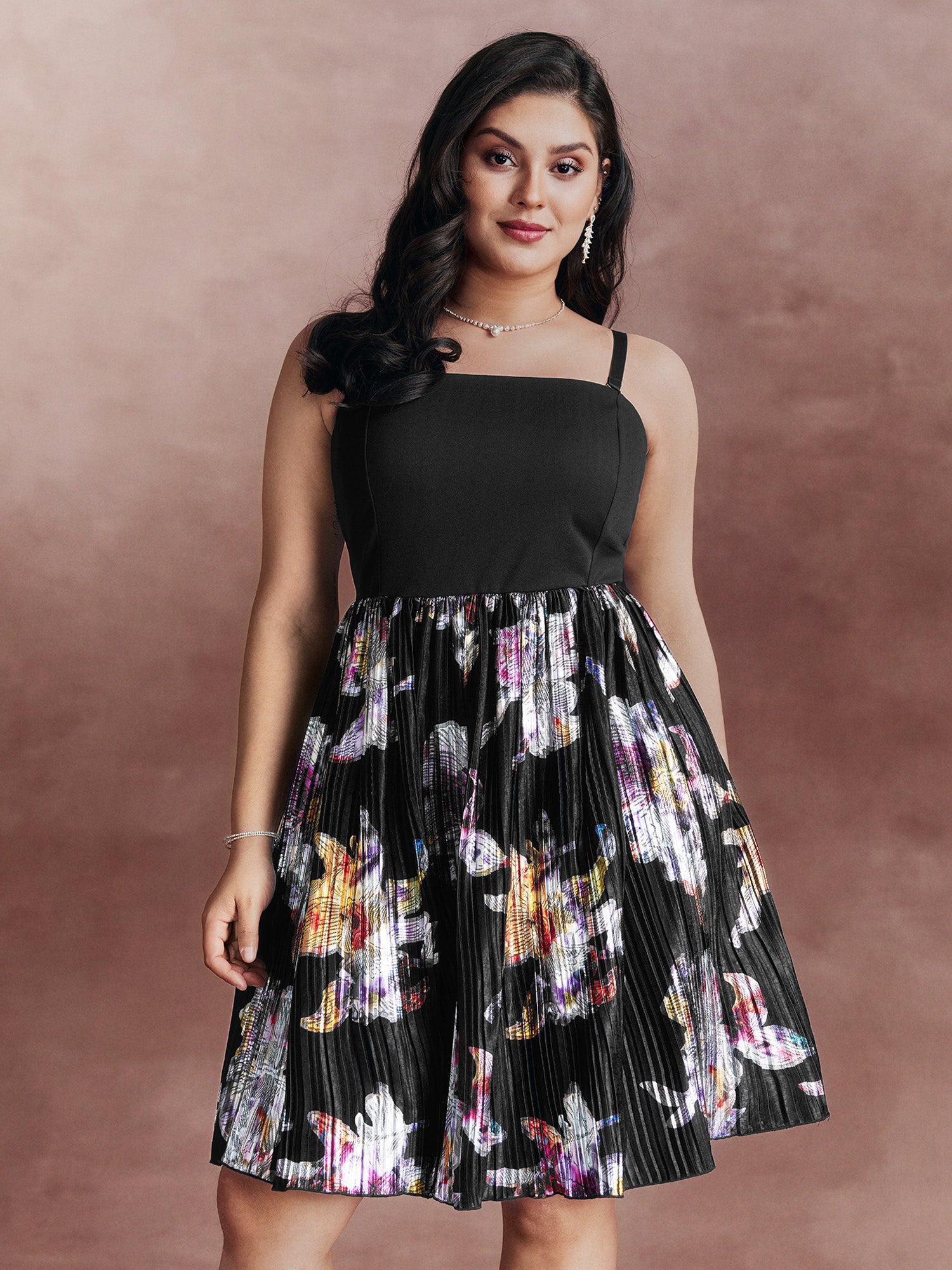 Floral Pleated Detachable Straps Contrast Mini Dress - Image 3