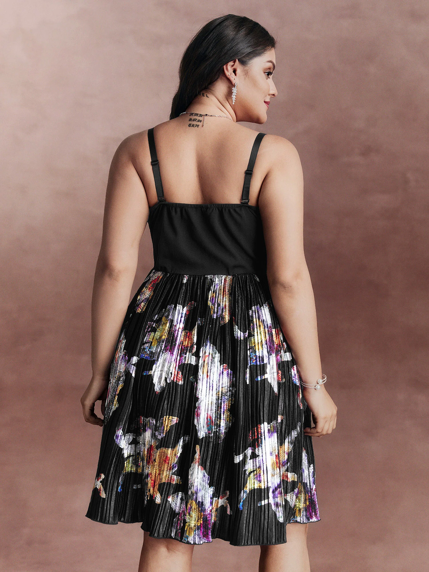 Floral Pleated Detachable Straps Contrast Mini Dress - Image 4