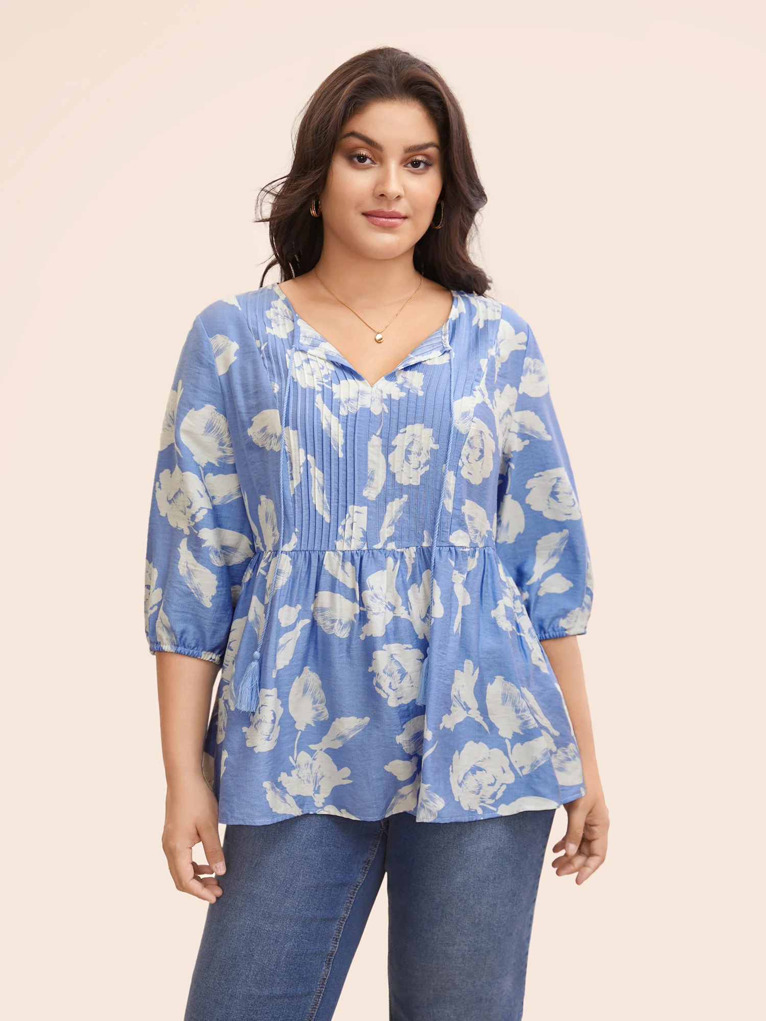 Floral Pleated Tassel Trim Lantern Sleeve Blouse - Image 3