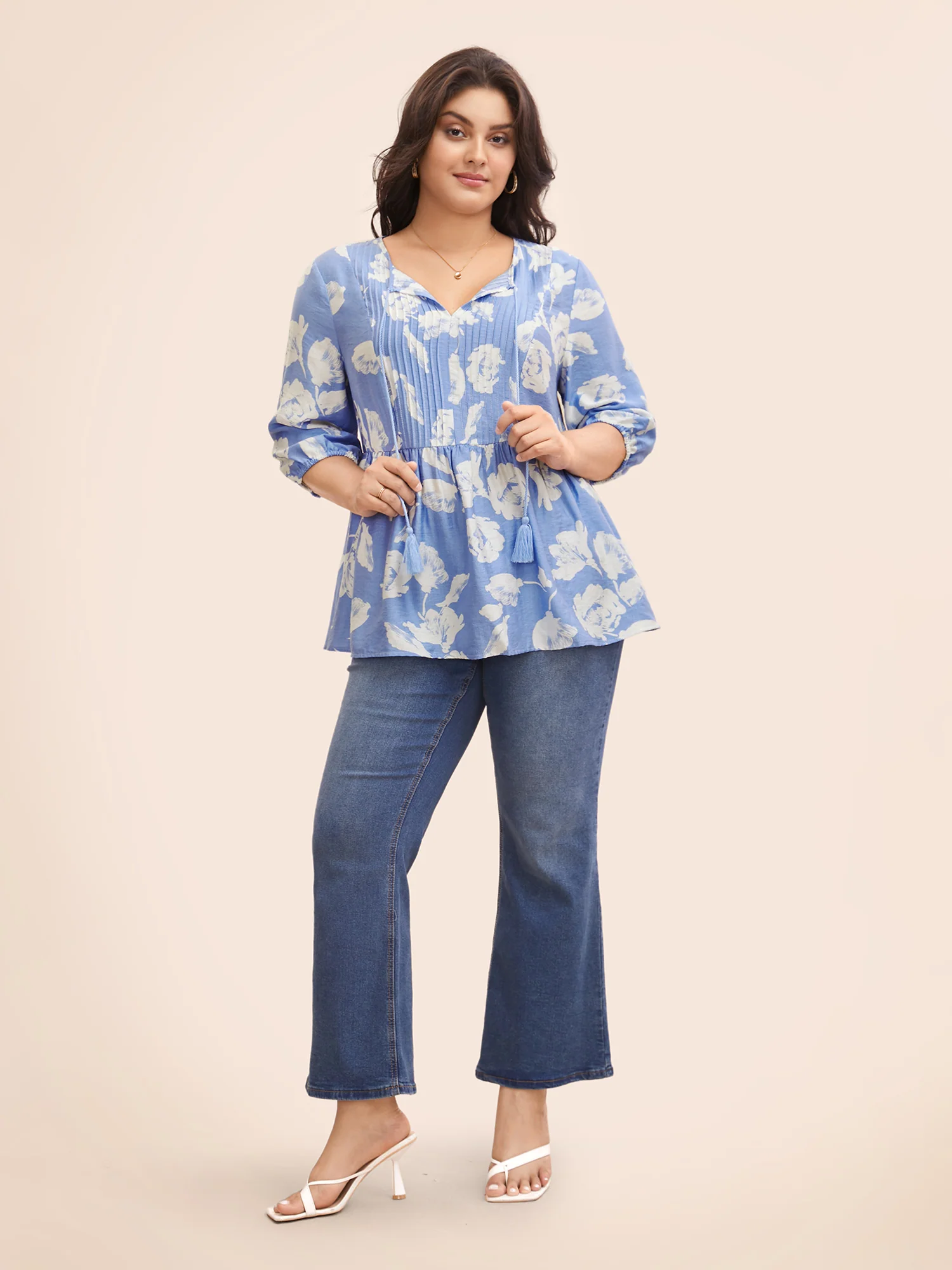 Floral Pleated Tassel Trim Lantern Sleeve Blouse - Image 4